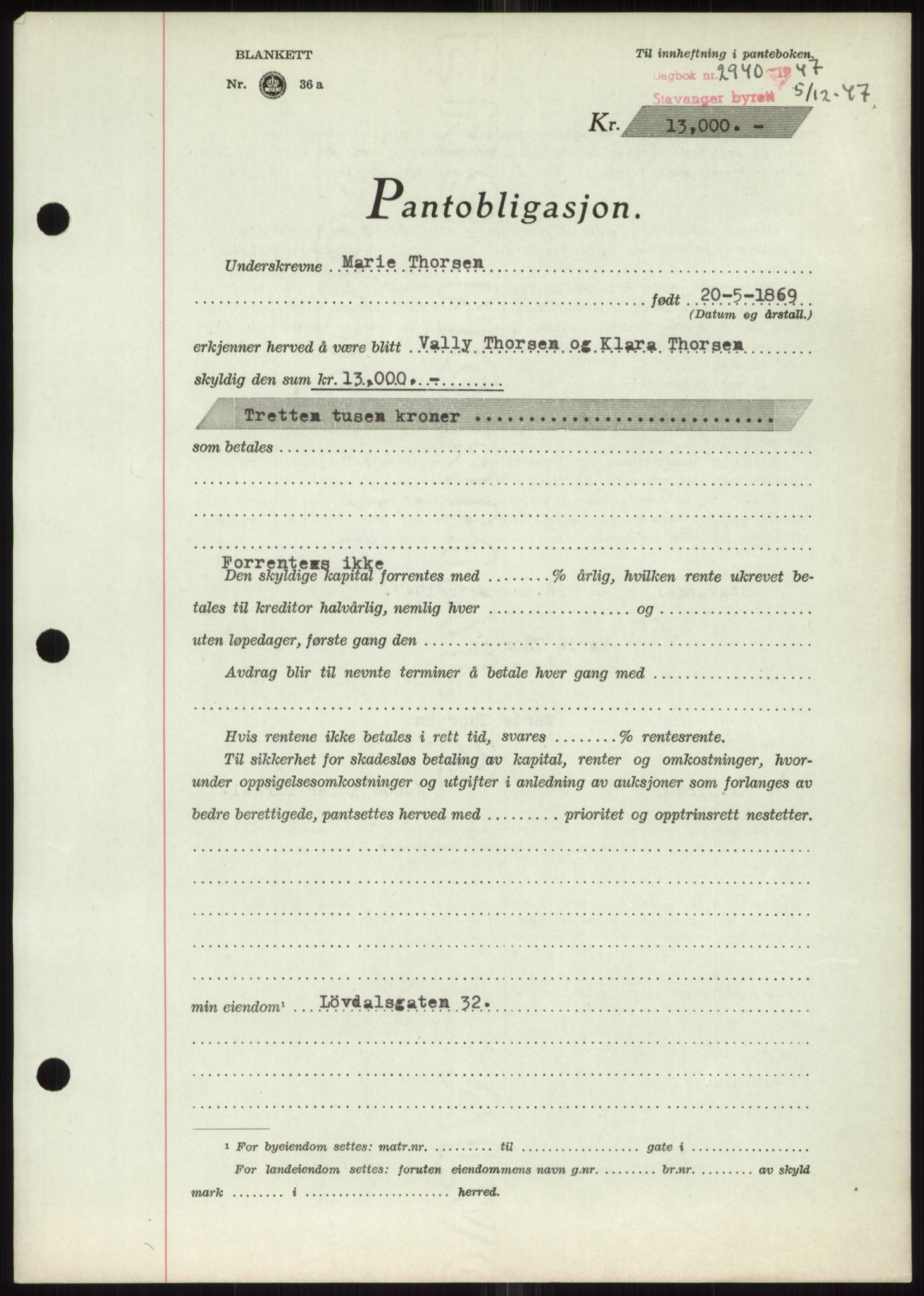 Stavanger byrett, SAST/A-100455/002/G/Gb/L0032: Mortgage book, 1947-1950, Diary no: : 2940/1947