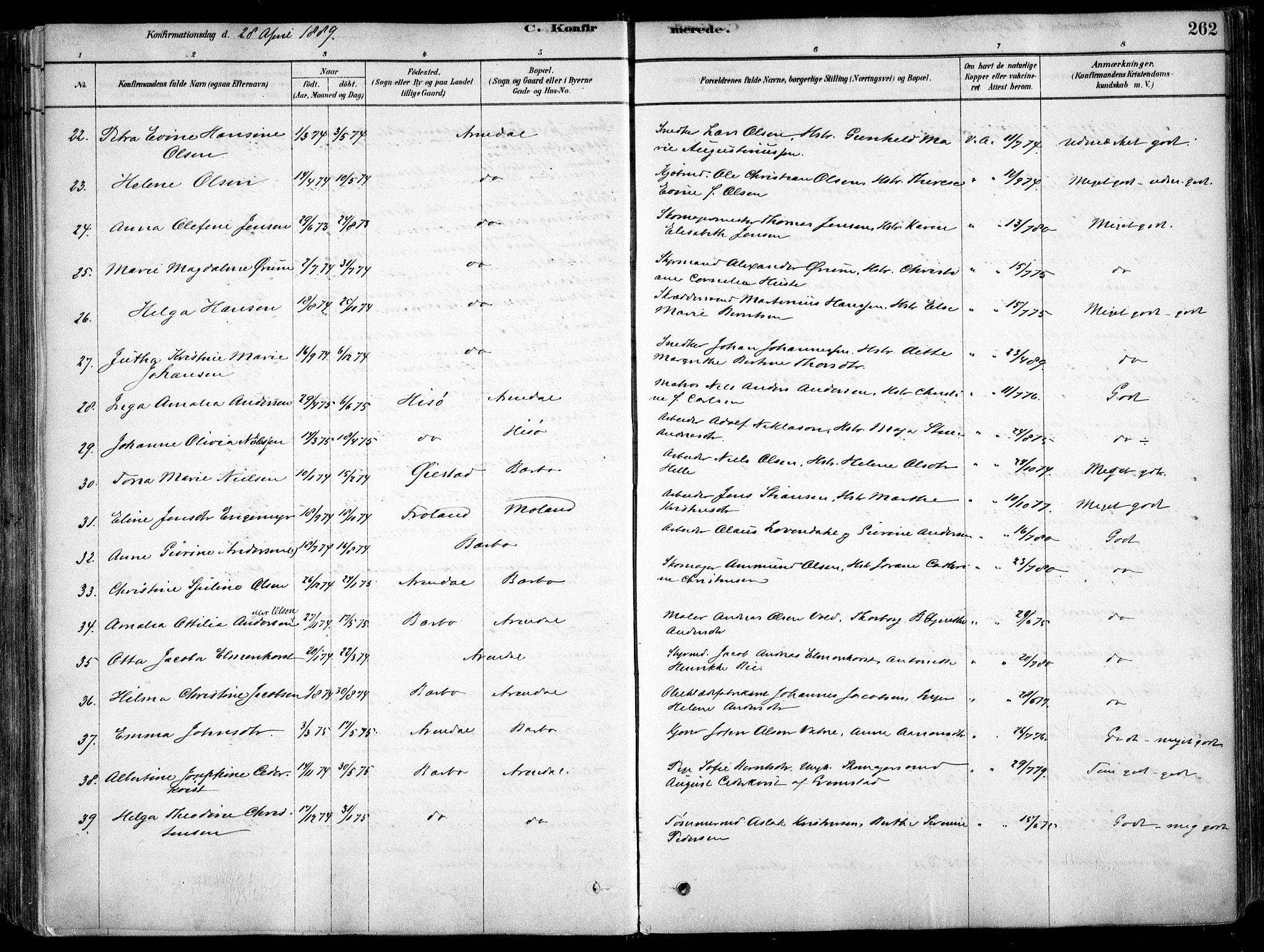 Arendal sokneprestkontor, Trefoldighet, AV/SAK-1111-0040/F/Fa/L0008: Parish register (official) no. A 8, 1878-1899, p. 262