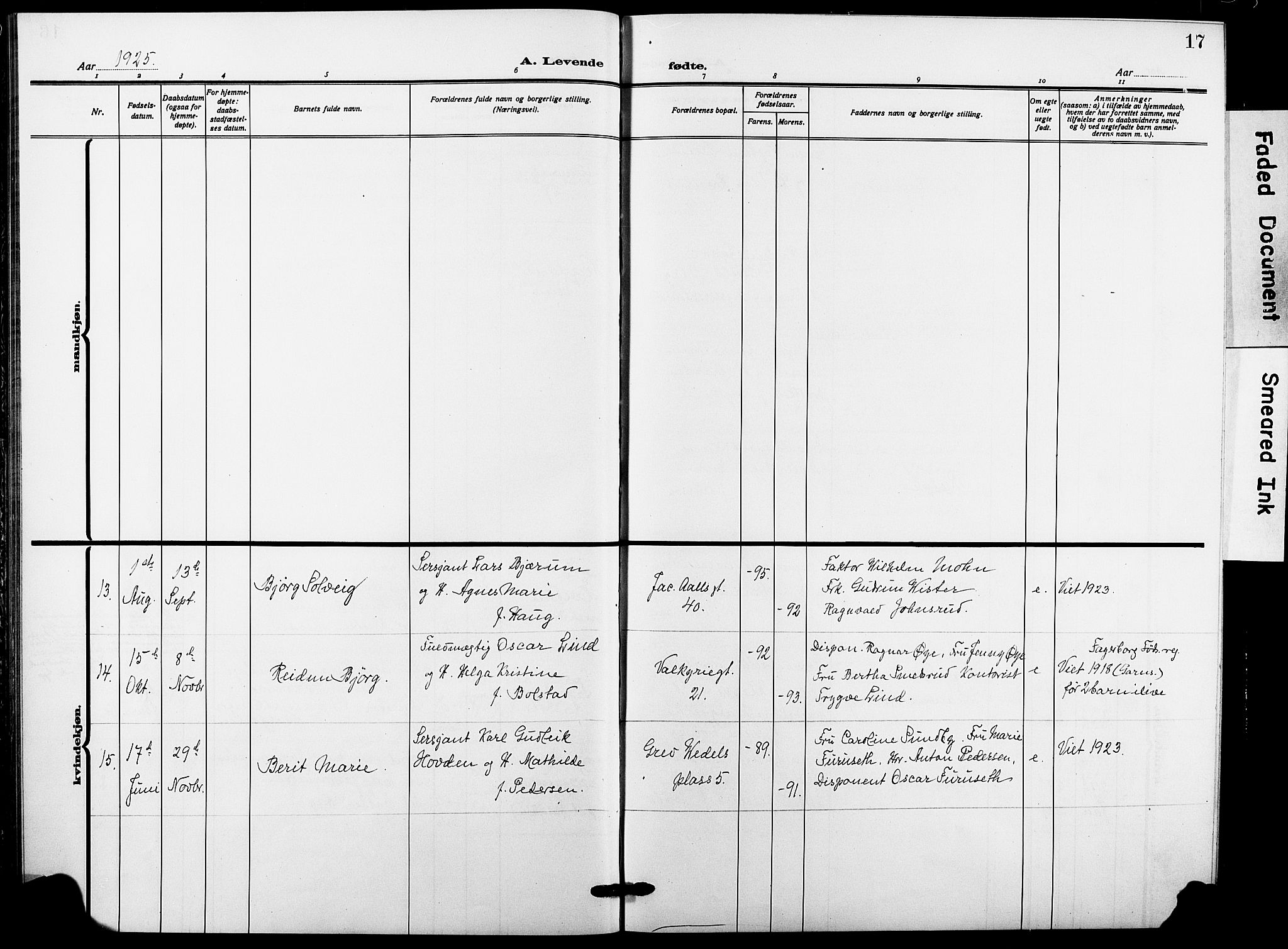 Garnisonsmenigheten Kirkebøker, AV/SAO-A-10846/F/Fa/L0016: Parish register (official) no. 16, 1922-1930, p. 17