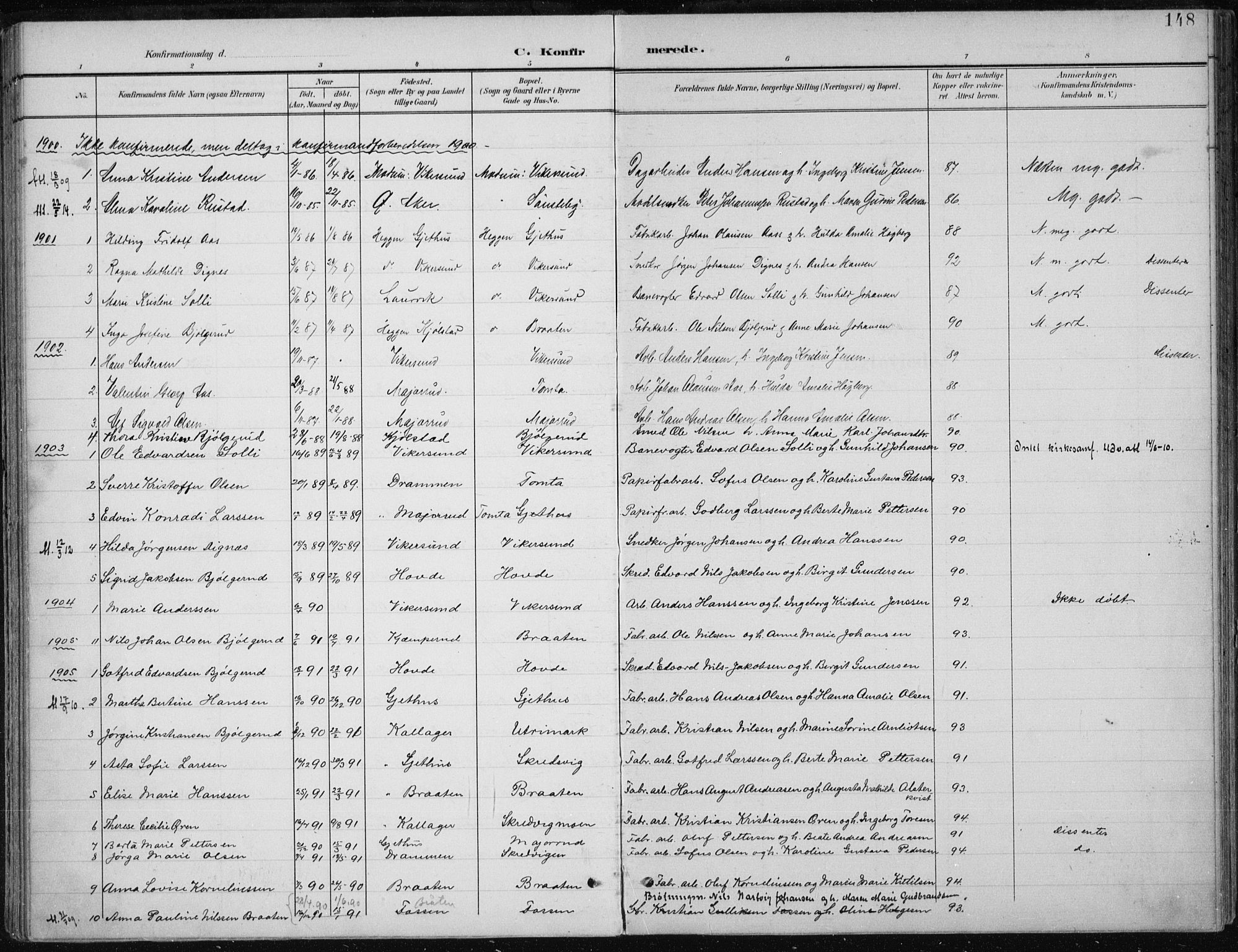 Modum kirkebøker, AV/SAKO-A-234/F/Fa/L0013: Parish register (official) no. 13, 1899-1907, p. 148
