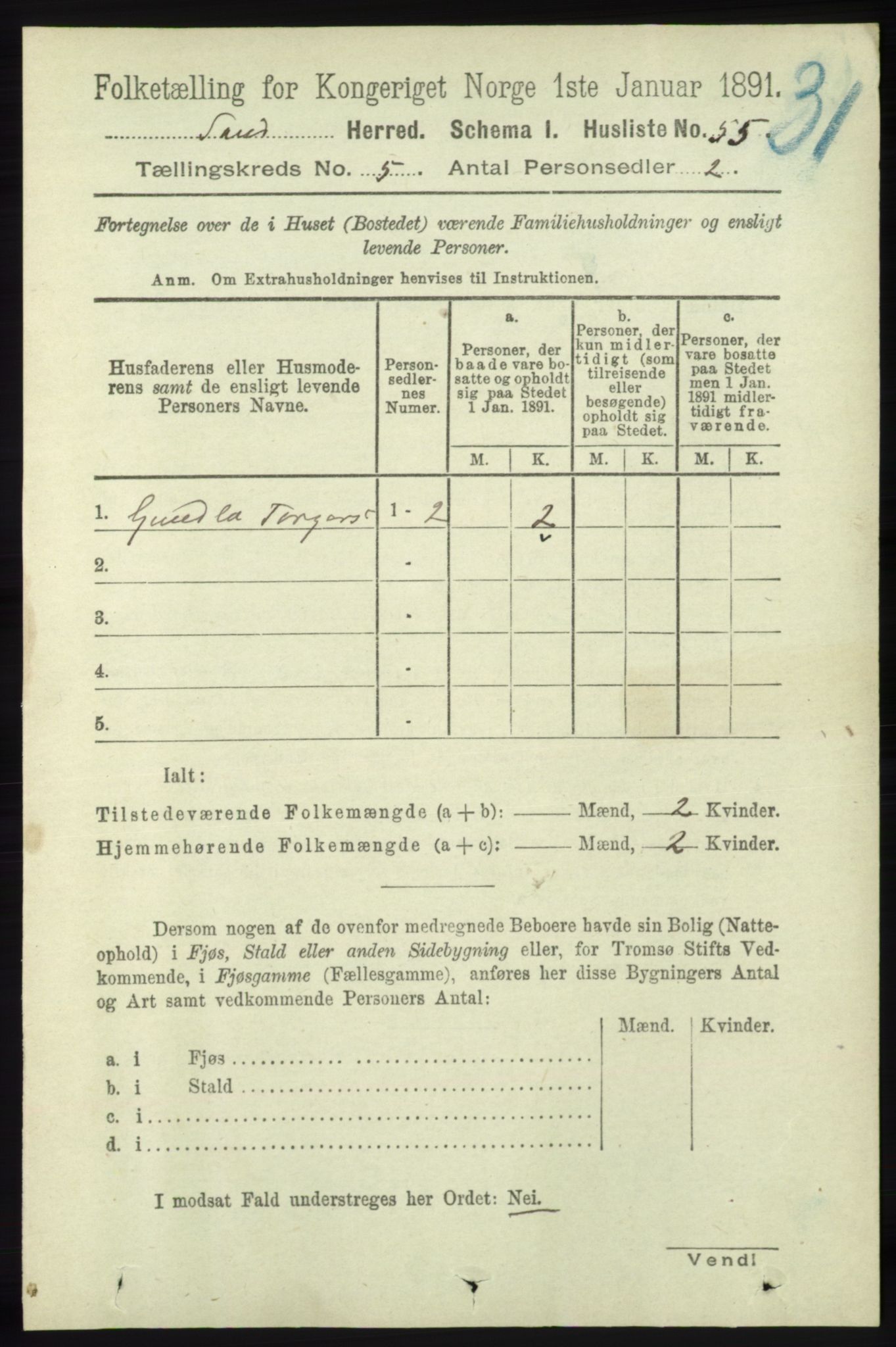 RA, 1891 census for 1136 Sand, 1891, p. 1539