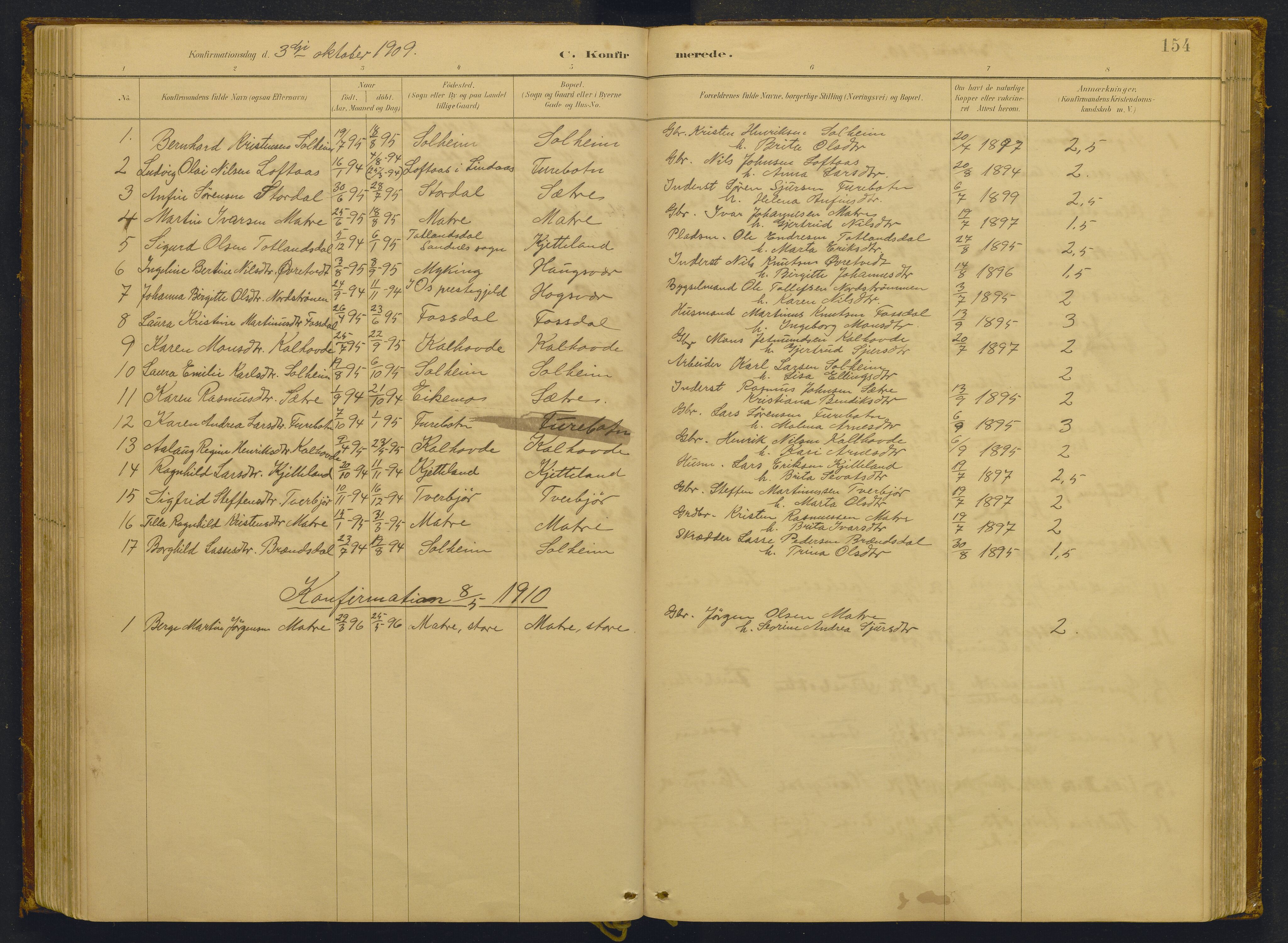 Masfjorden sokneprestembete, AV/SAB-A-77001: Parish register (copy) no. -, 1882-1933, p. 154