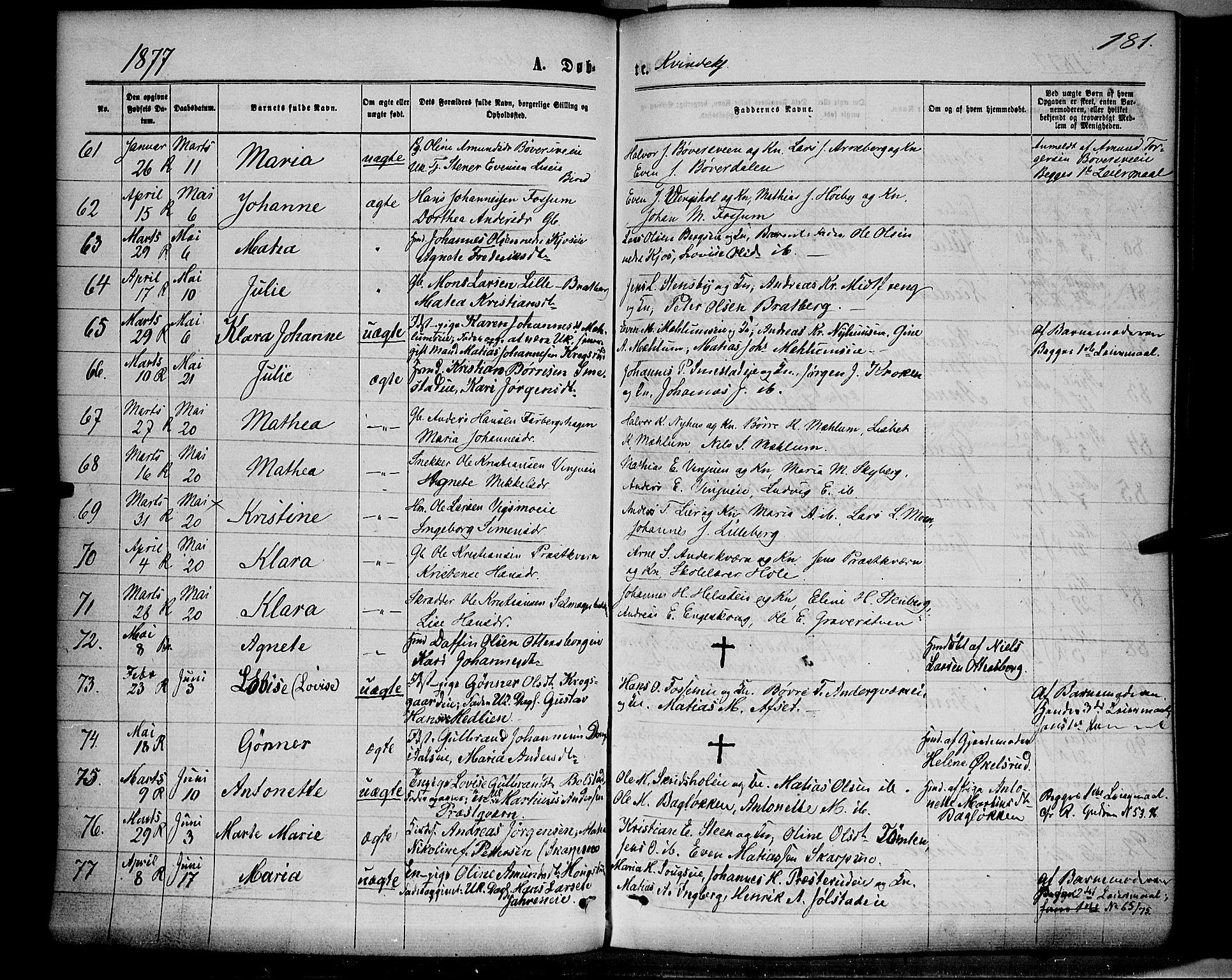 Ringsaker prestekontor, AV/SAH-PREST-014/K/Ka/L0011: Parish register (official) no. 11, 1870-1878, p. 181