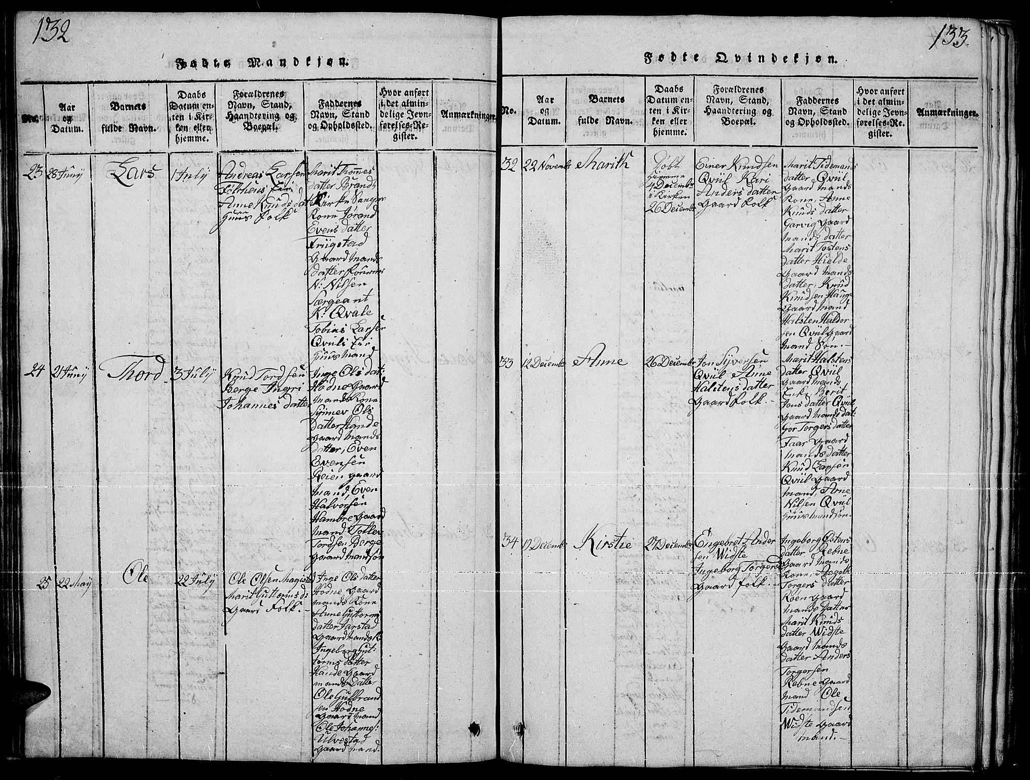 Slidre prestekontor, SAH/PREST-134/H/Ha/Hab/L0001: Parish register (copy) no. 1, 1814-1838, p. 132-133