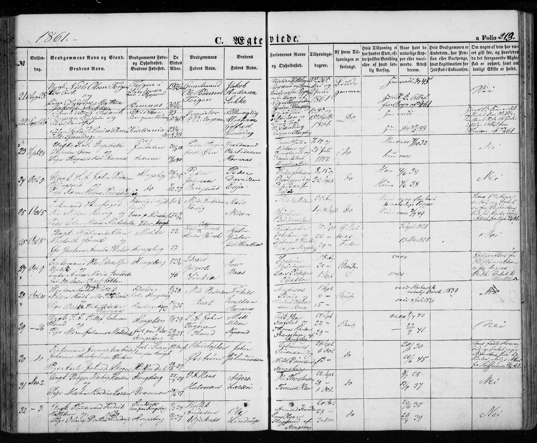Kongsberg kirkebøker, AV/SAKO-A-22/G/Ga/L0003: Parish register (copy) no. 3, 1859-1875, p. 213