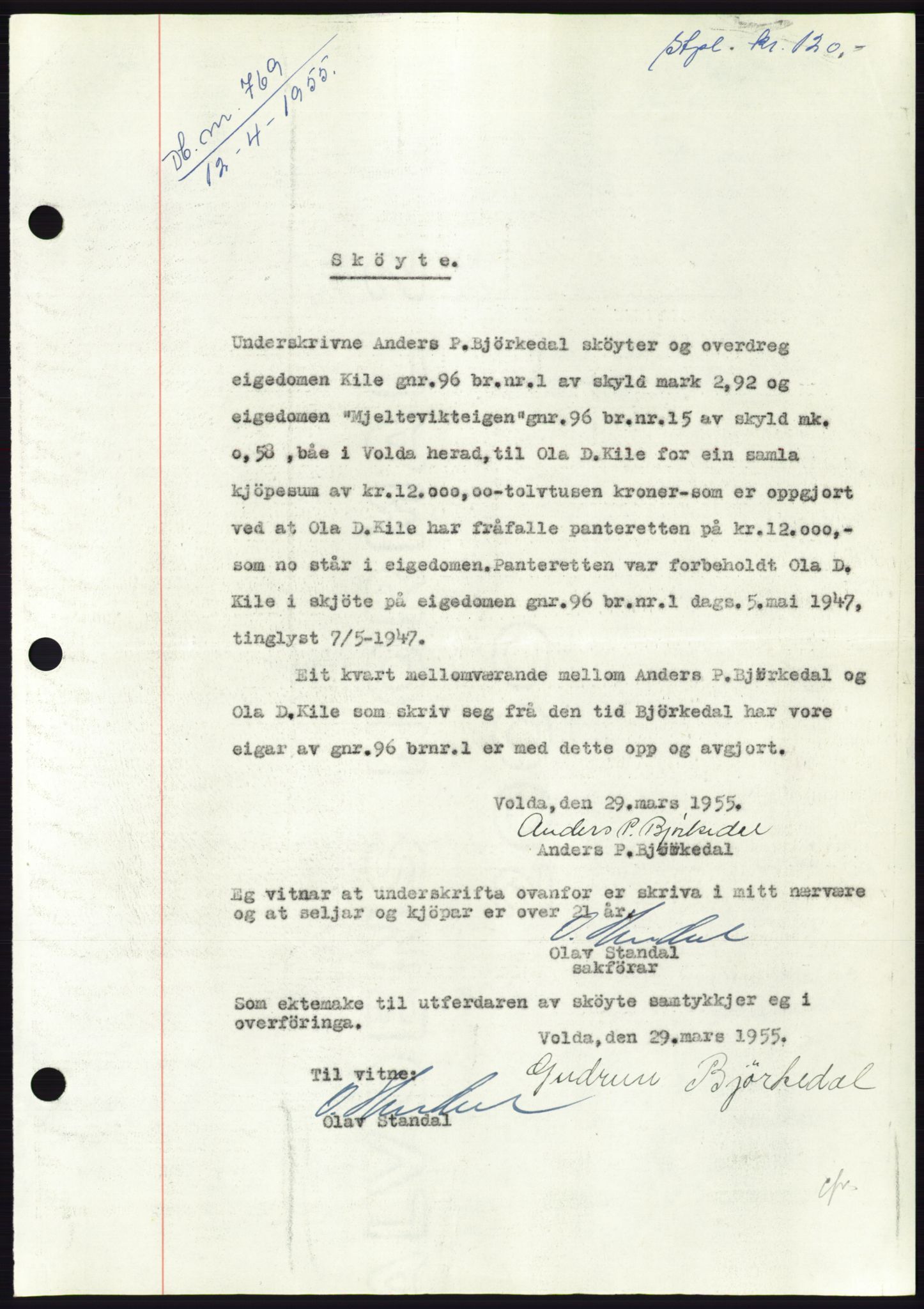 Søre Sunnmøre sorenskriveri, AV/SAT-A-4122/1/2/2C/L0100: Mortgage book no. 26A, 1954-1955, Diary no: : 769/1955