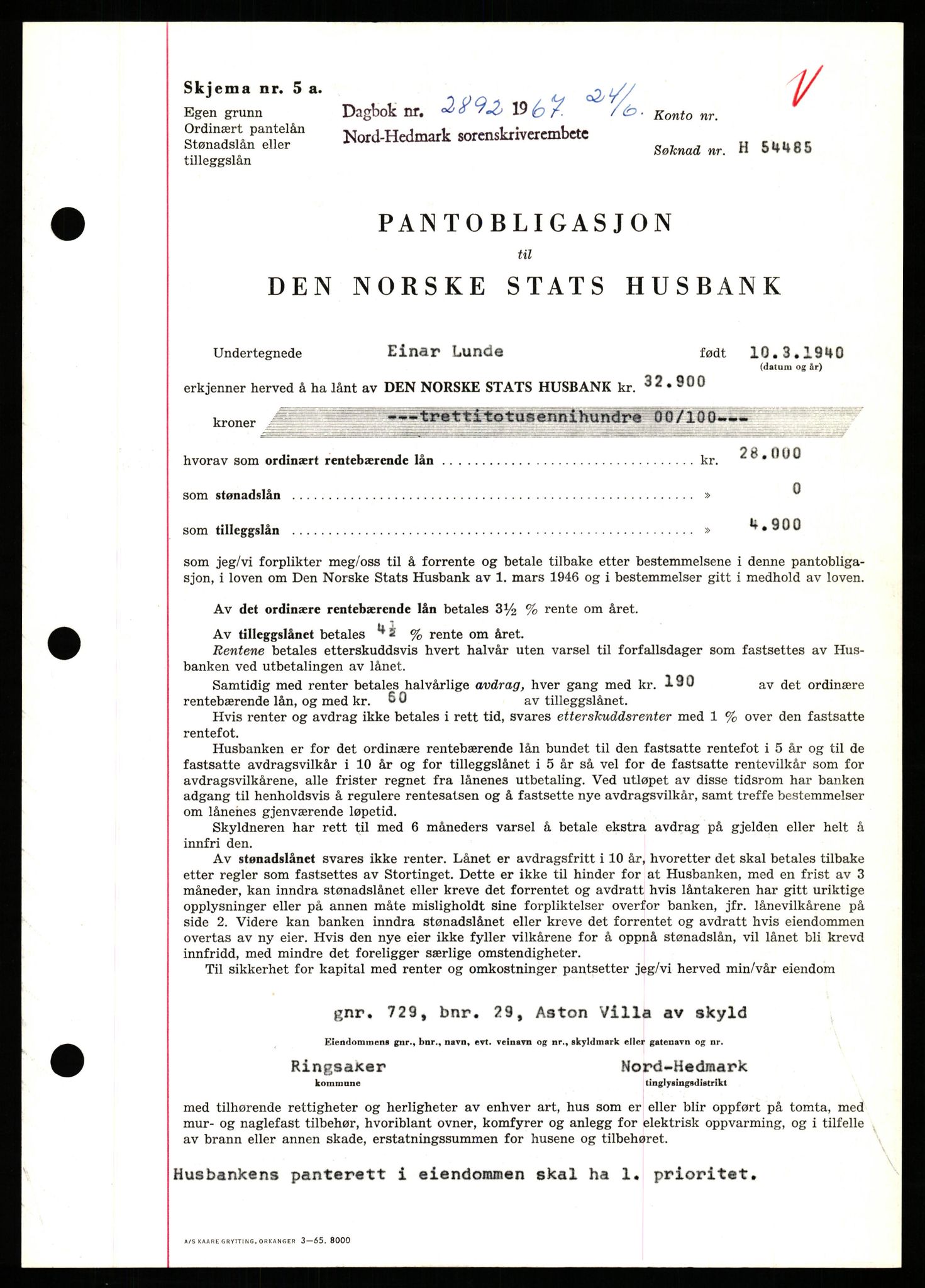 Nord-Hedmark sorenskriveri, SAH/TING-012/H/Hb/Hbf/L0071: Mortgage book no. B71, 1967-1967, Diary no: : 2892/1967