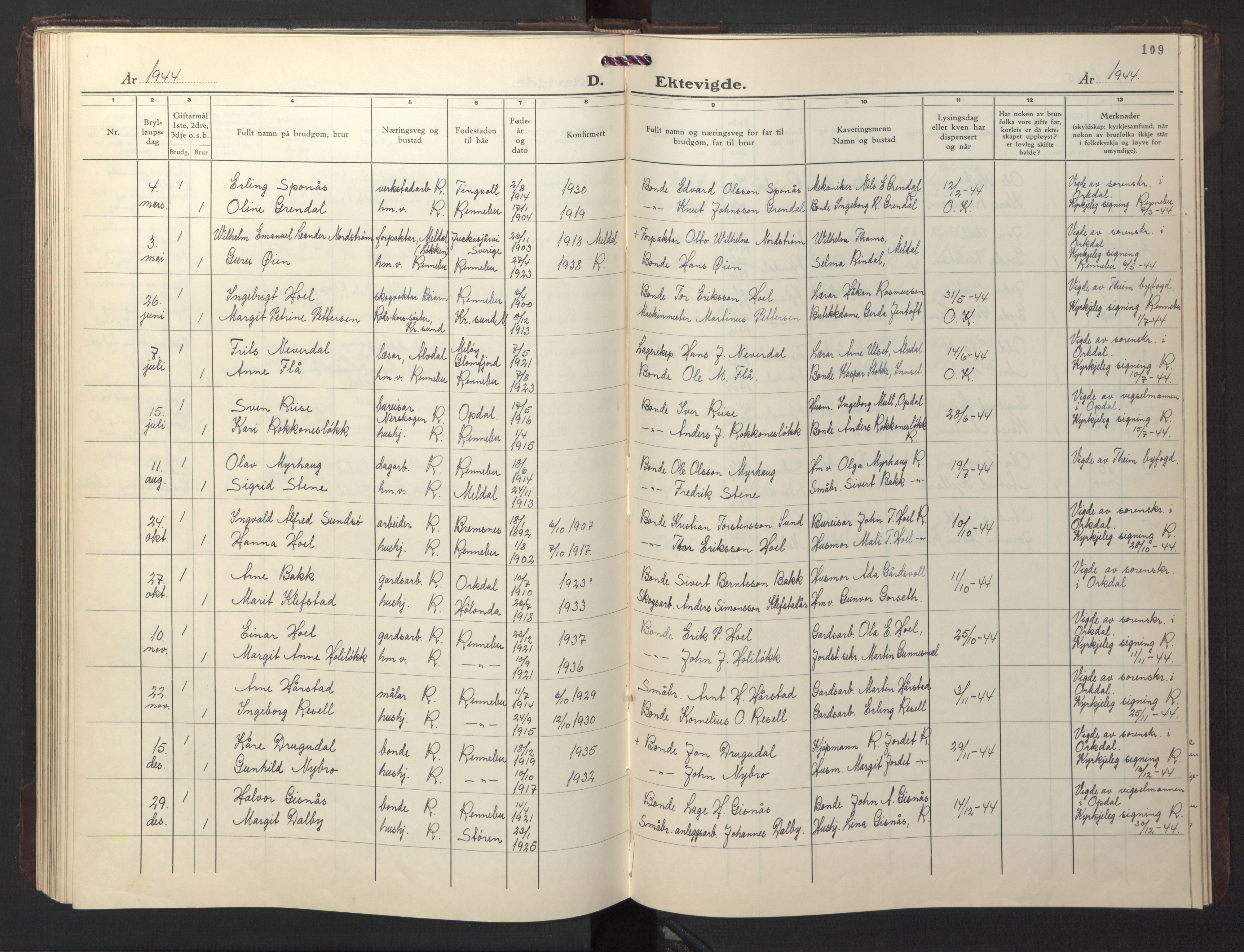 Ministerialprotokoller, klokkerbøker og fødselsregistre - Sør-Trøndelag, AV/SAT-A-1456/674/L0878: Parish register (copy) no. 674C05, 1941-1950, p. 109