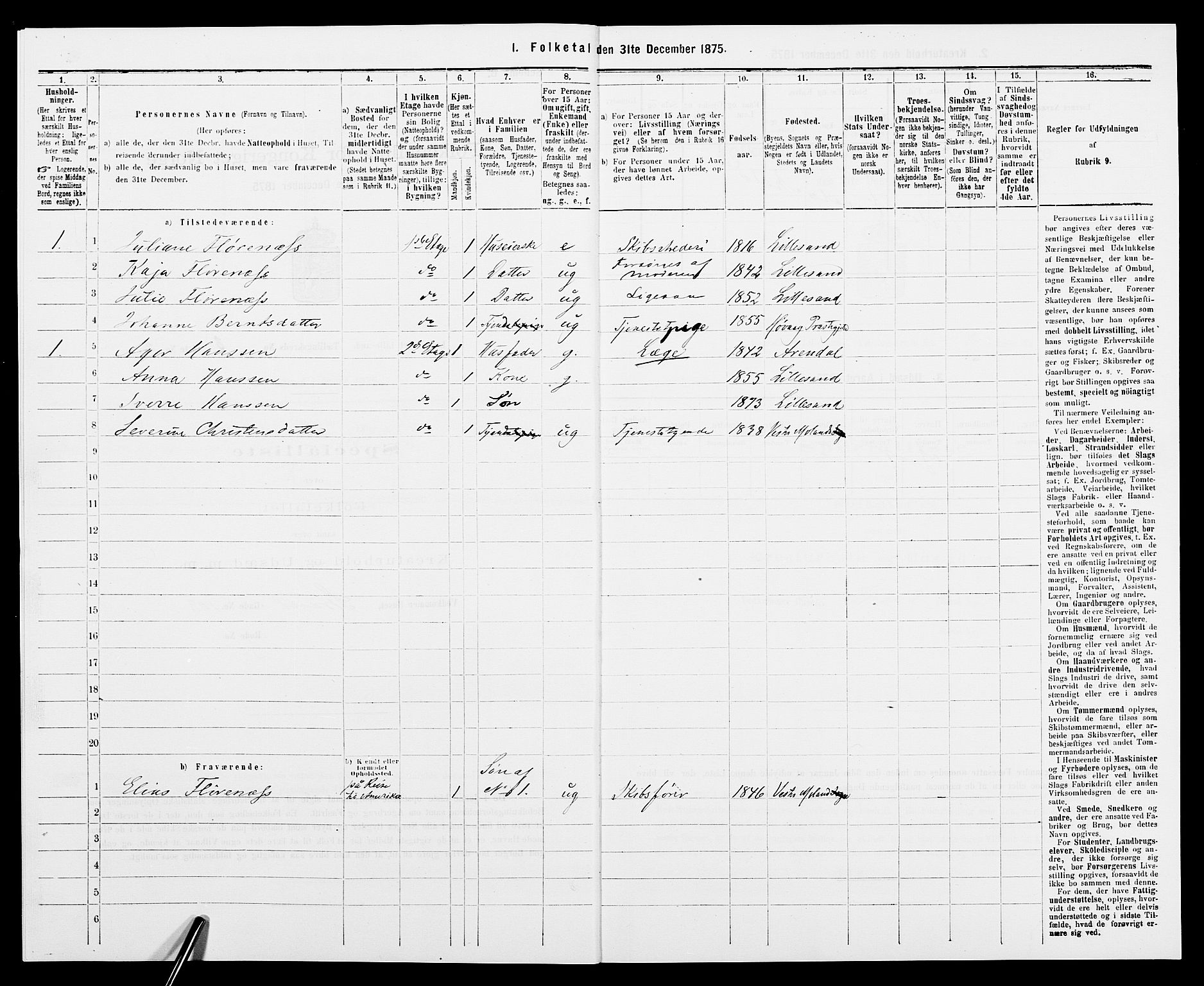 SAK, 1875 census for 0905B Vestre Moland/Lillesand, 1875, p. 207