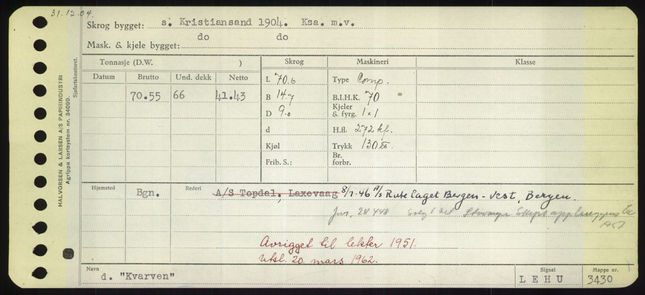 Sjøfartsdirektoratet med forløpere, Skipsmålingen, RA/S-1627/H/Hd/L0021: Fartøy, Kor-Kår, p. 297