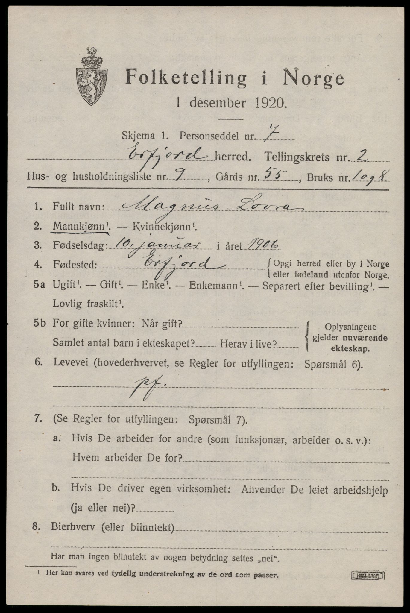 SAST, 1920 census for Erfjord, 1920, p. 723