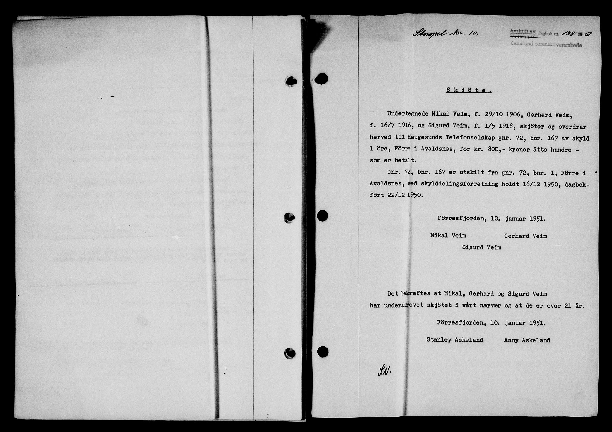 Karmsund sorenskriveri, SAST/A-100311/01/II/IIB/L0101: Mortgage book no. 81A, 1950-1951, Diary no: : 138/1951