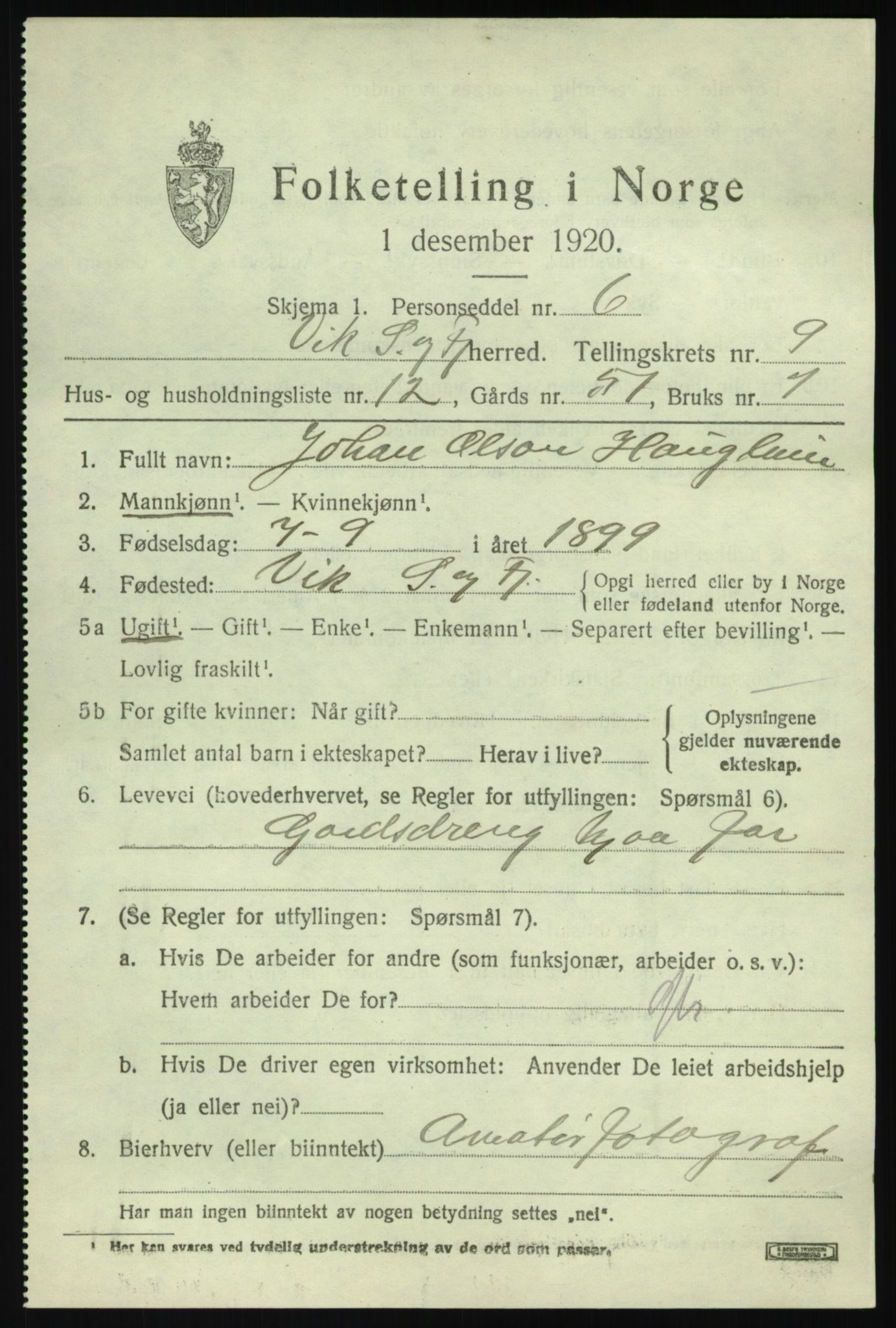 SAB, 1920 census for Vik, 1920, p. 5665