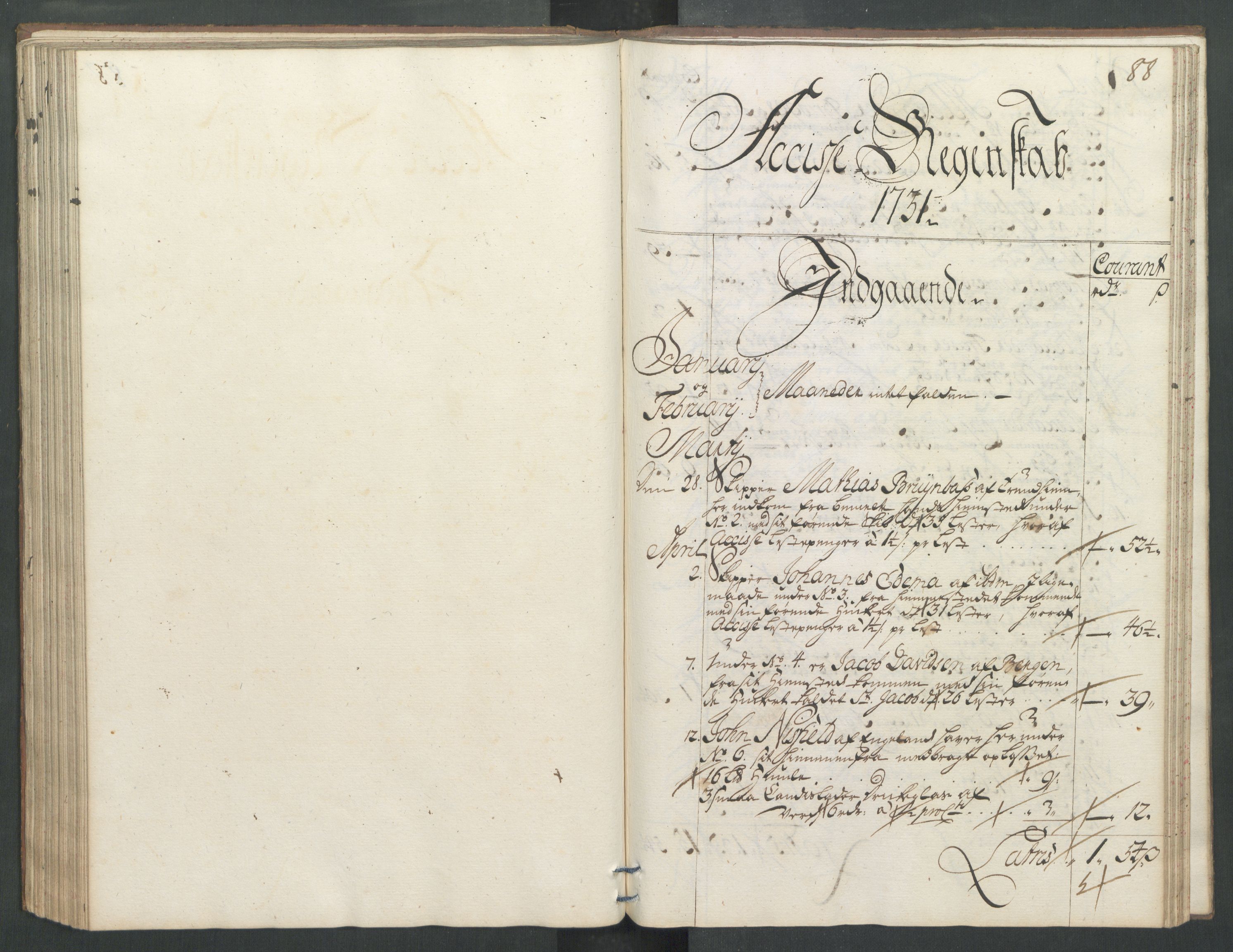 Generaltollkammeret, tollregnskaper, RA/EA-5490/R32/L0004/0001: Tollregnskaper Kristiansund / Hovedtollbok, 1731, p. 87b-88a