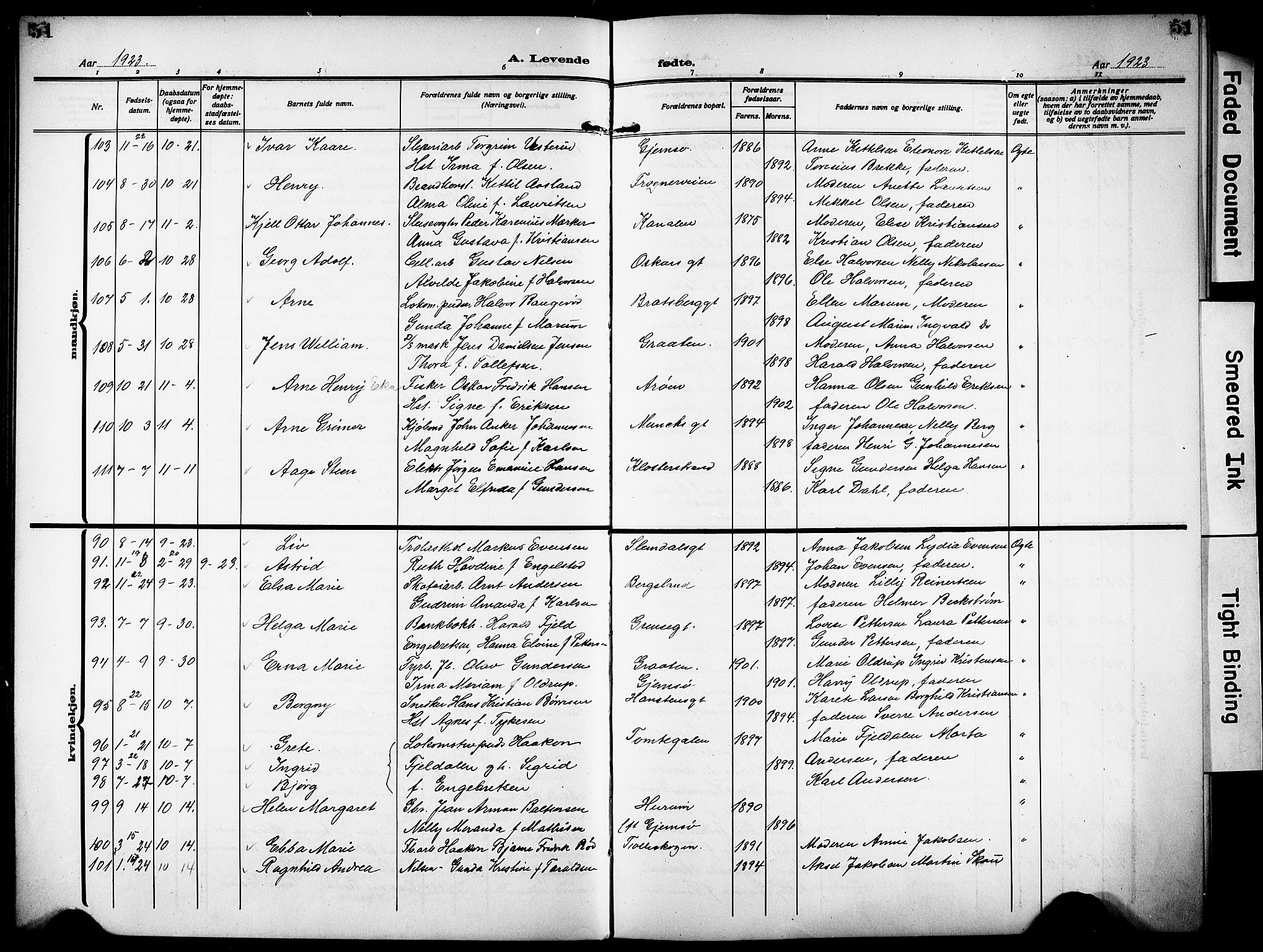 Skien kirkebøker, AV/SAKO-A-302/G/Ga/L0010: Parish register (copy) no. 10, 1920-1931, p. 51