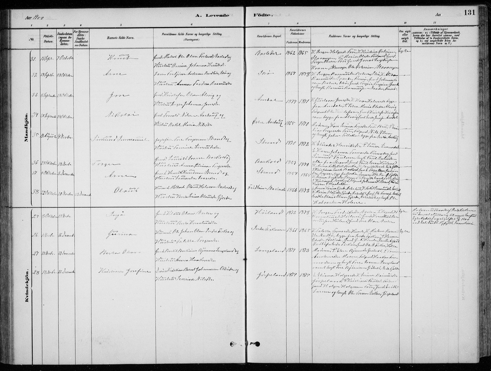 Strand sokneprestkontor, AV/SAST-A-101828/H/Ha/Hab/L0004: Parish register (copy) no. B 4, 1878-1903, p. 131