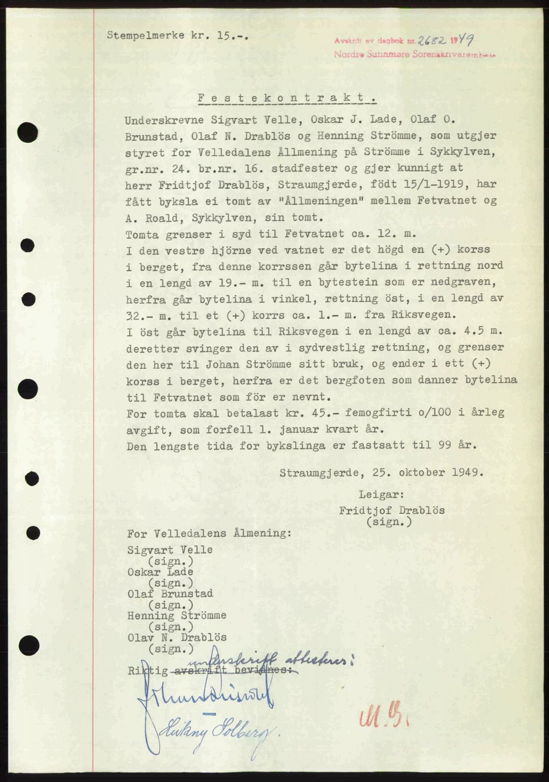 Nordre Sunnmøre sorenskriveri, AV/SAT-A-0006/1/2/2C/2Ca: Mortgage book no. A33, 1949-1950, Diary no: : 2682/1949