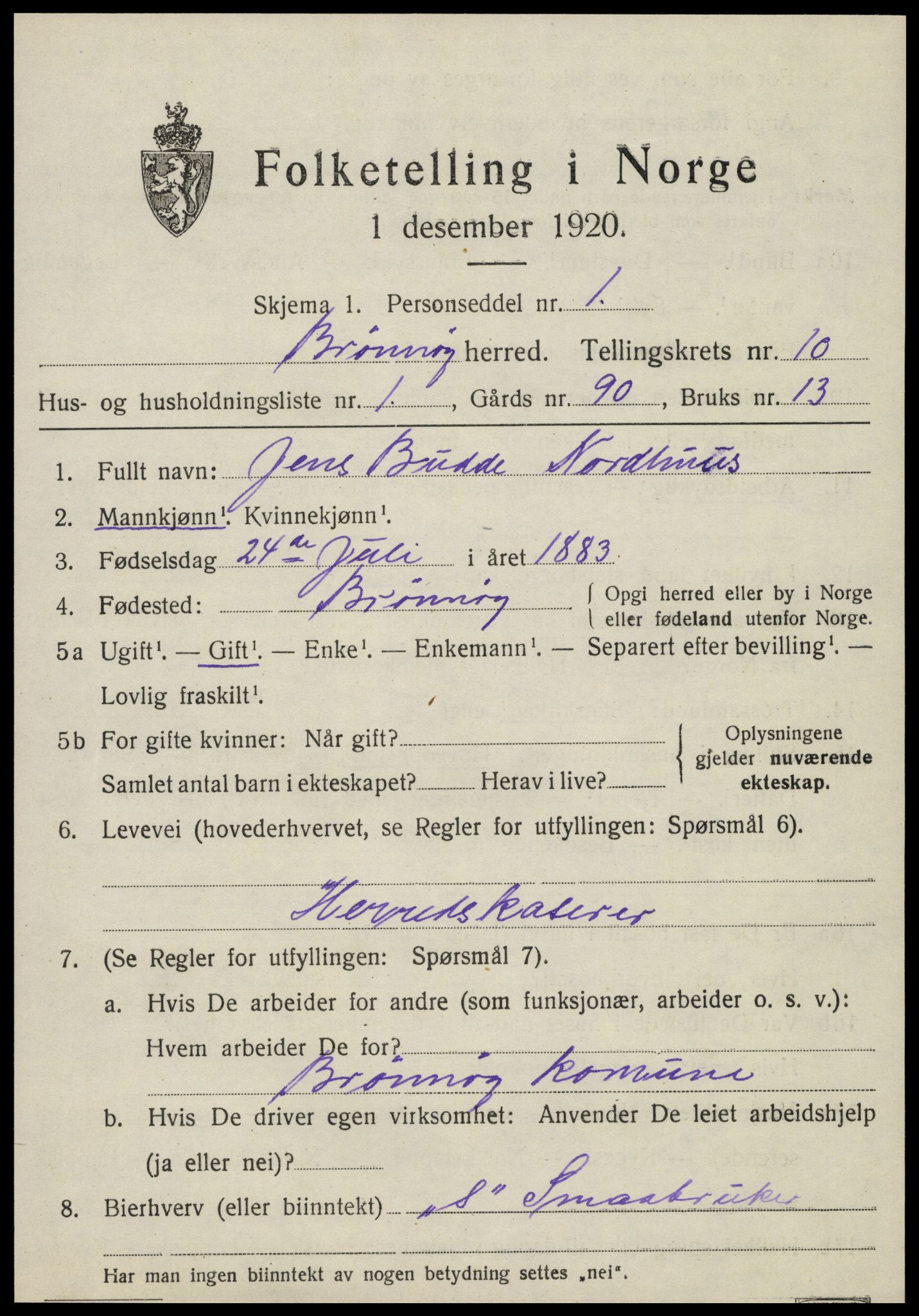SAT, 1920 census for Brønnøy, 1920, p. 7584