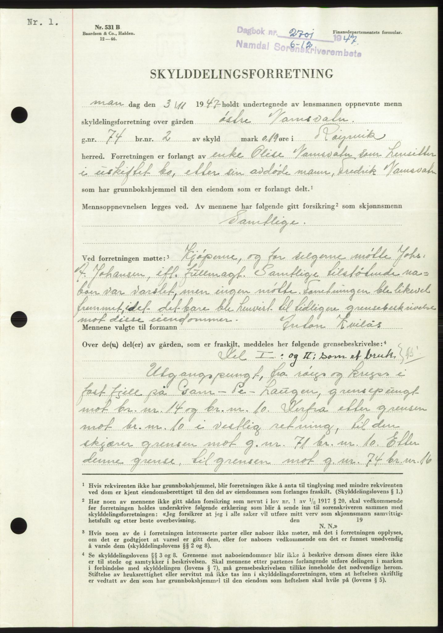 Namdal sorenskriveri, SAT/A-4133/1/2/2C: Mortgage book no. -, 1947-1948, Diary no: : 2701/1947