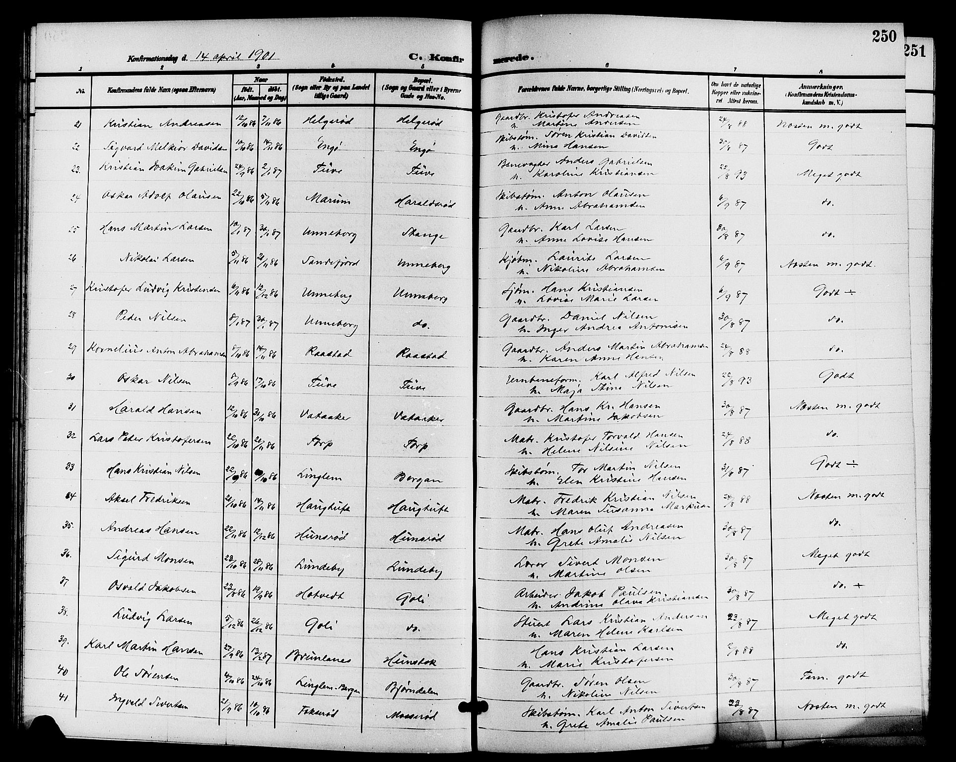 Sandar kirkebøker, AV/SAKO-A-243/G/Ga/L0002: Parish register (copy) no. 2, 1900-1915, p. 250