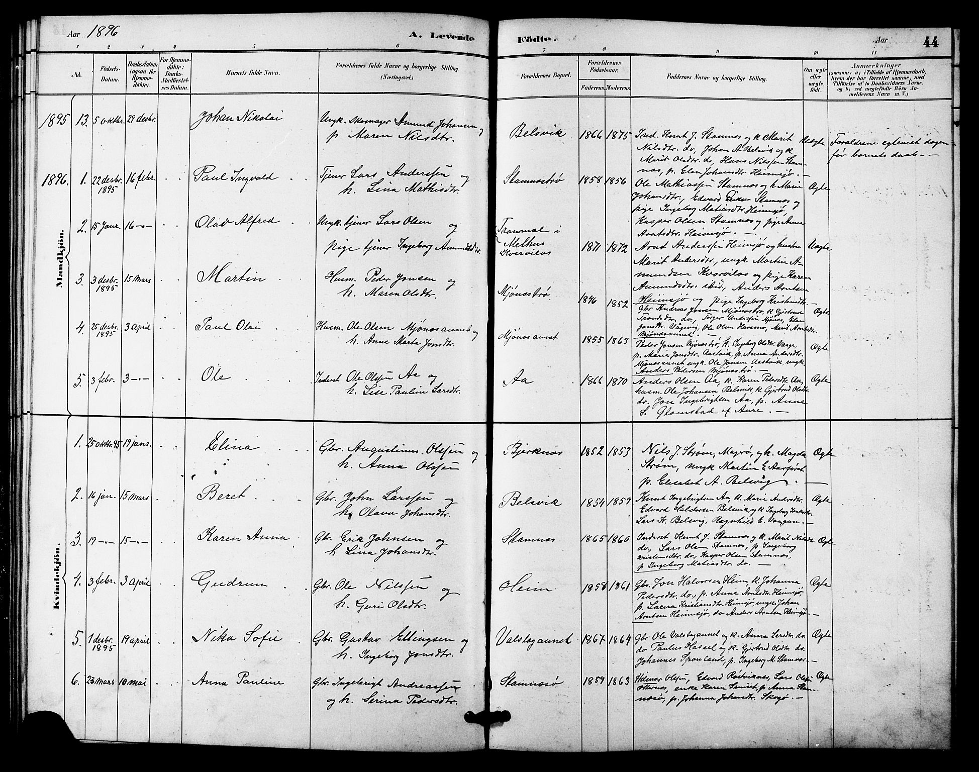 Ministerialprotokoller, klokkerbøker og fødselsregistre - Sør-Trøndelag, SAT/A-1456/633/L0519: Parish register (copy) no. 633C01, 1884-1905, p. 44