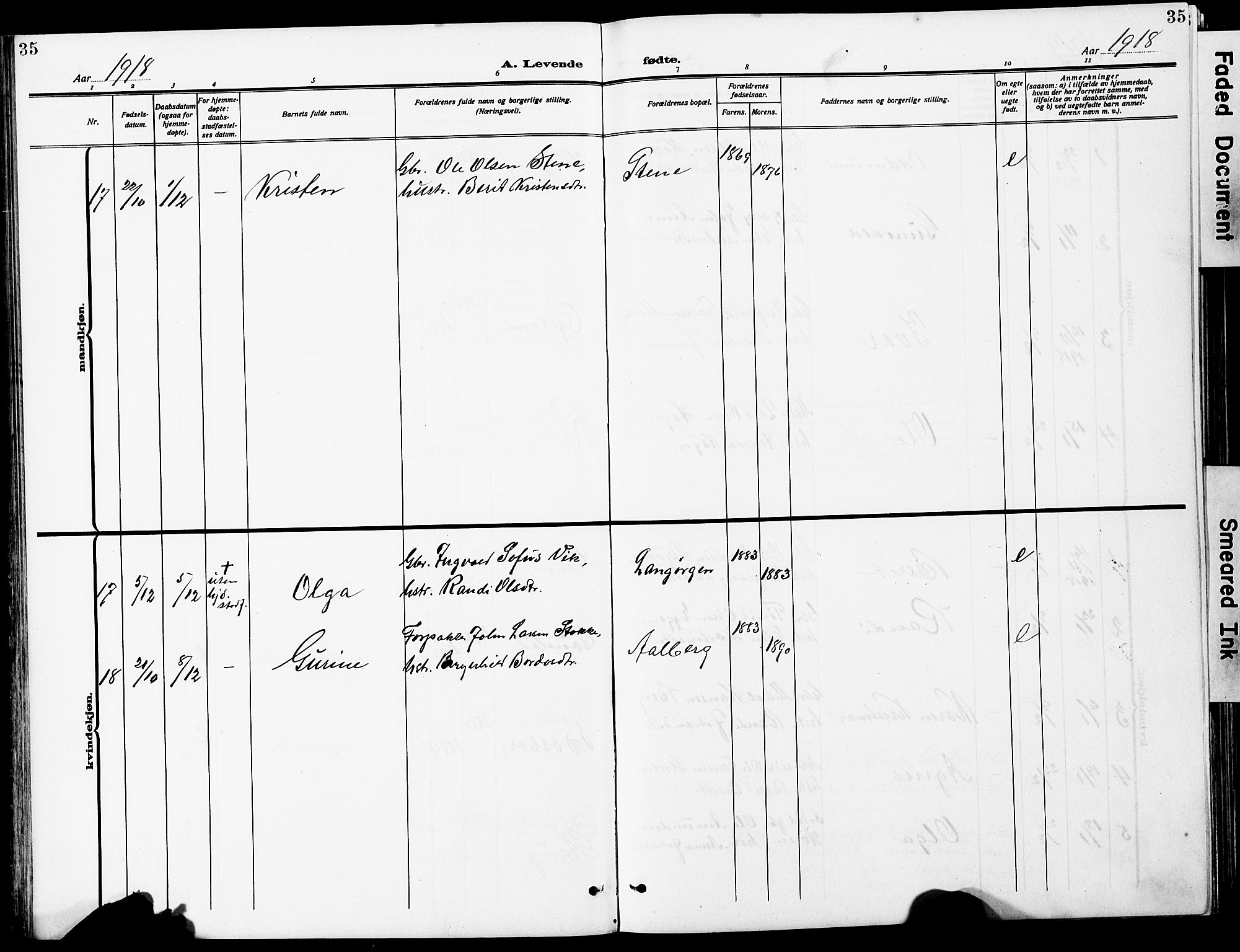 Ministerialprotokoller, klokkerbøker og fødselsregistre - Sør-Trøndelag, AV/SAT-A-1456/612/L0388: Parish register (copy) no. 612C04, 1909-1929, p. 35