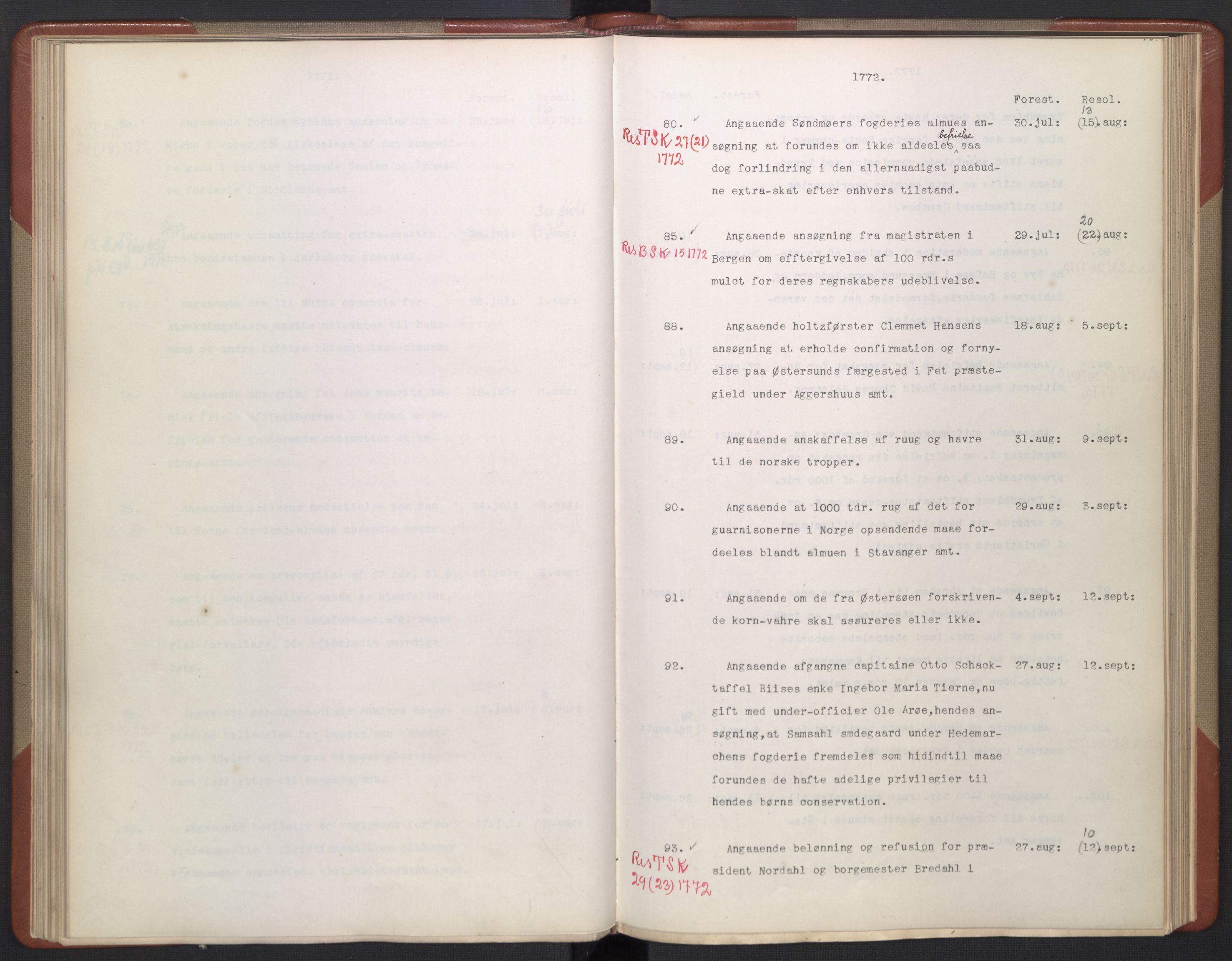 Avskriftsamlingen, AV/RA-EA-4022/F/Fb/L0120: Registratur over norske Relasjons- og resolusjonsprotokoller, 1766-1772, p. 50