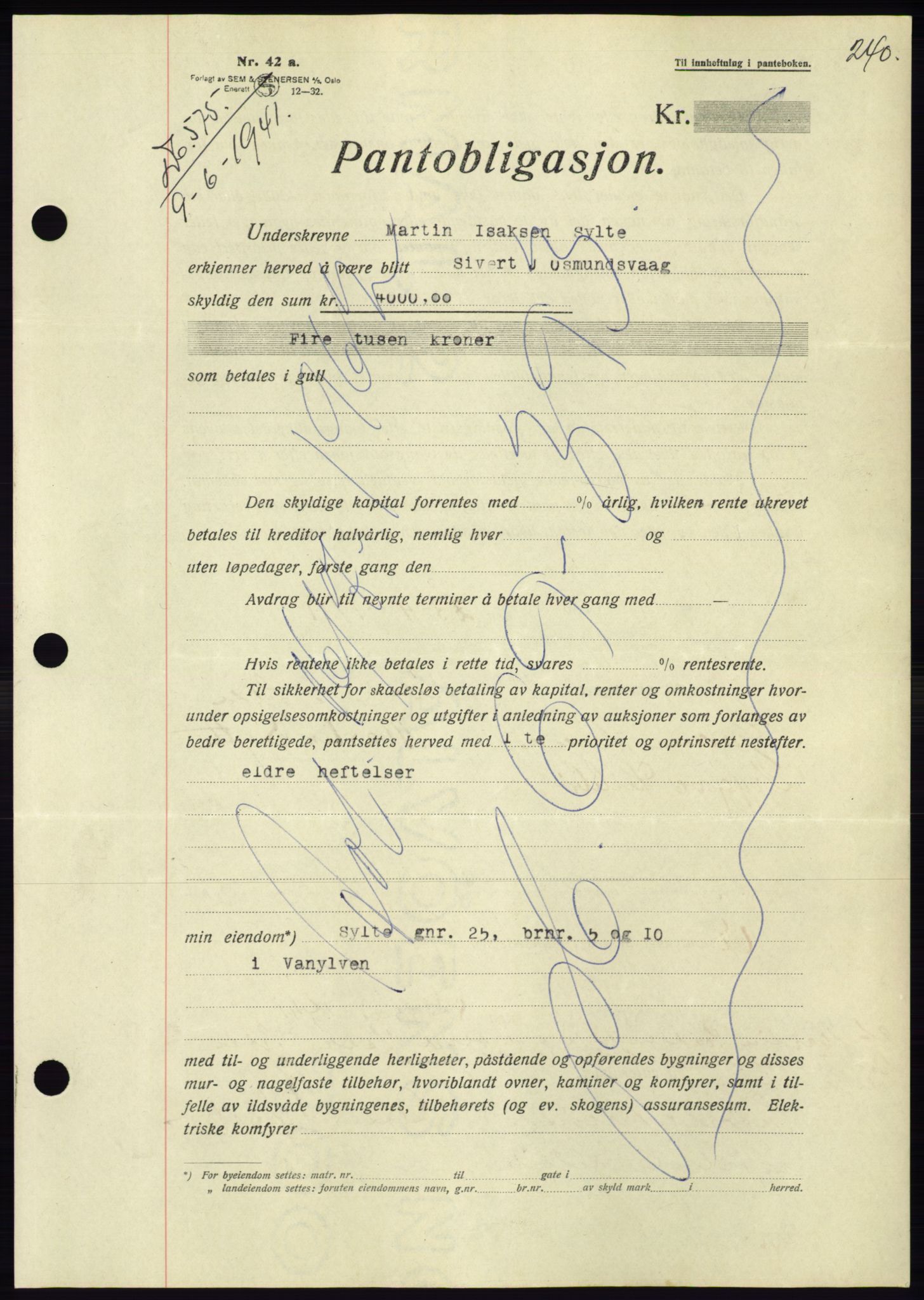 Søre Sunnmøre sorenskriveri, AV/SAT-A-4122/1/2/2C/L0071: Mortgage book no. 65, 1941-1941, Diary no: : 575/1941