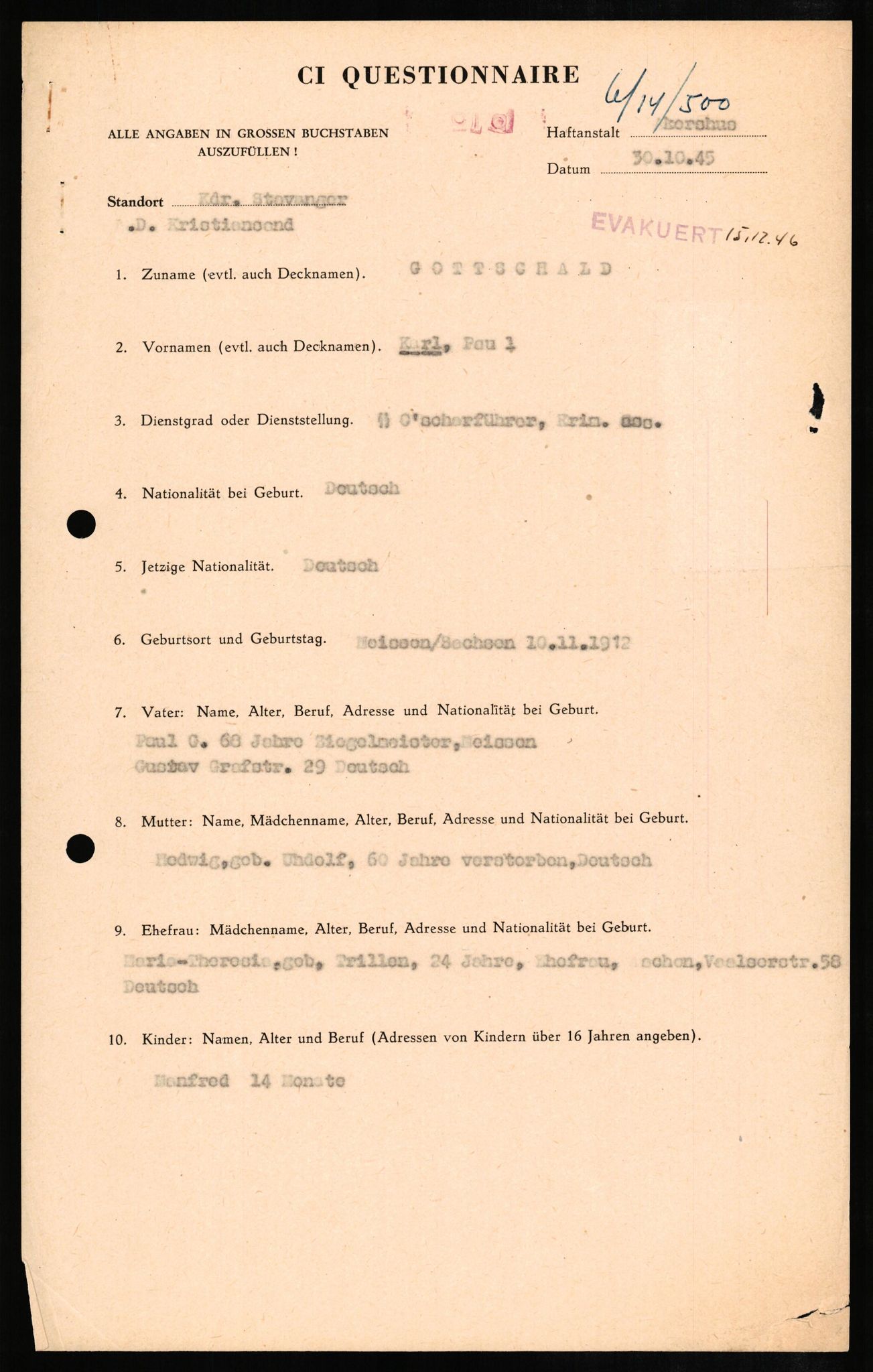 Forsvaret, Forsvarets overkommando II, AV/RA-RAFA-3915/D/Db/L0010: CI Questionaires. Tyske okkupasjonsstyrker i Norge. Tyskere., 1945-1946, p. 97