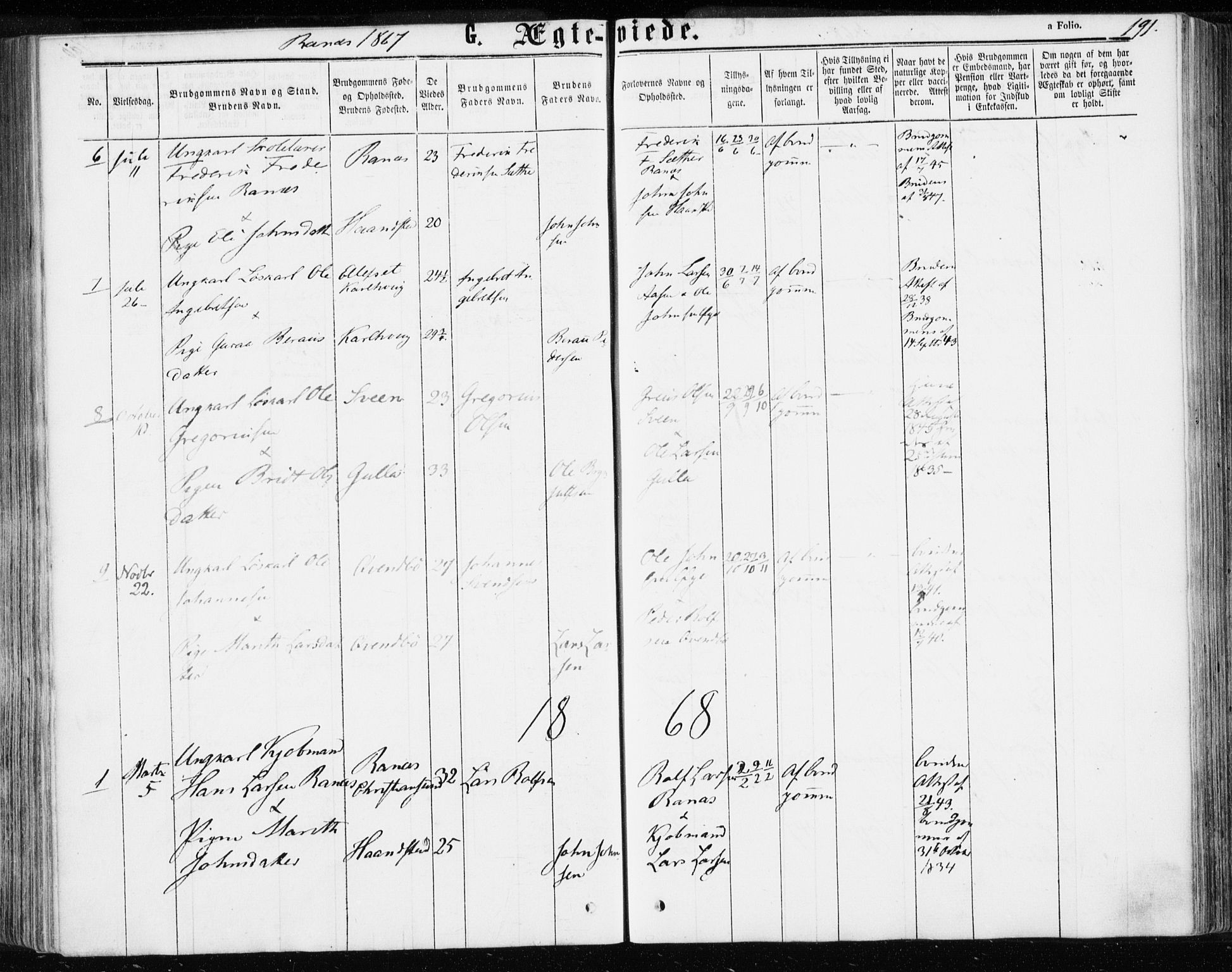 Ministerialprotokoller, klokkerbøker og fødselsregistre - Møre og Romsdal, SAT/A-1454/595/L1045: Parish register (official) no. 595A07, 1863-1873, p. 191