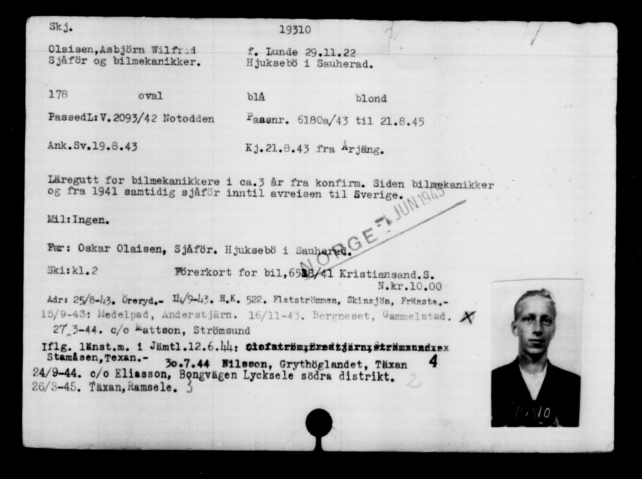 Utenriksstasjonene, Legasjonen i Stockholm, Flyktningkontoret, AV/RA-S-6753/V/Va/L0009: Kjesäterkartoteket, flyktninger med registreringsnr. 18502-22048, 1940-1945, p. 950