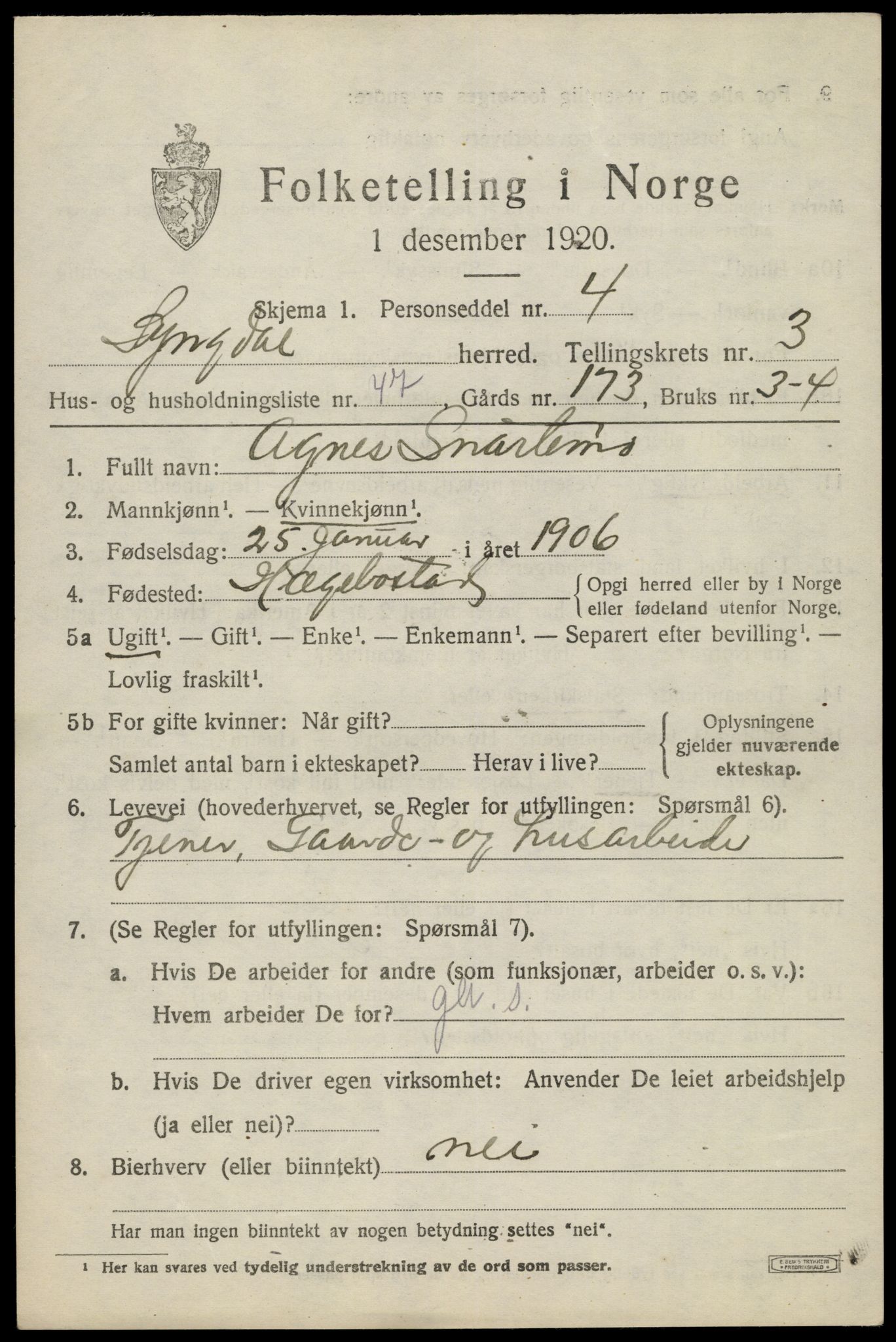 SAK, 1920 census for Lyngdal, 1920, p. 2299