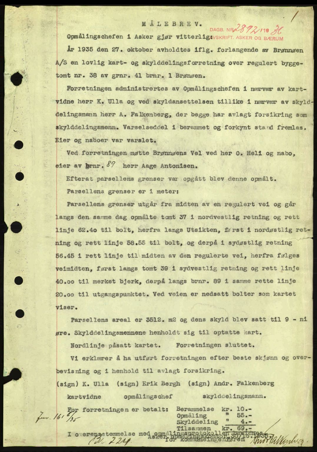 Aker herredsskriveri, SAO/A-10896/G/Gb/Gbb/Gbbb/L0006: Mortgage book no. A53, 1936-1936, Diary no: : 2892/1936