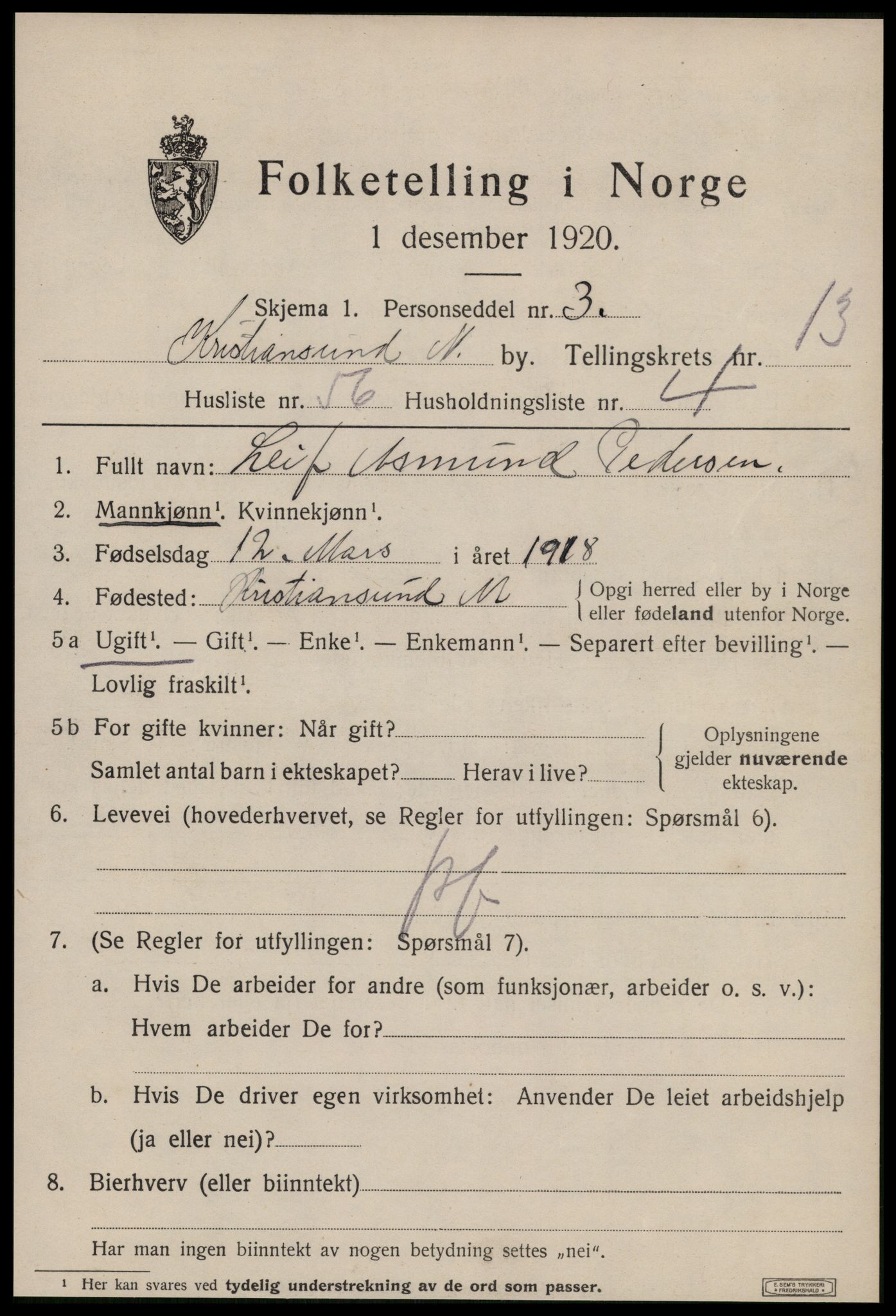 SAT, 1920 census for Kristiansund, 1920, p. 28139