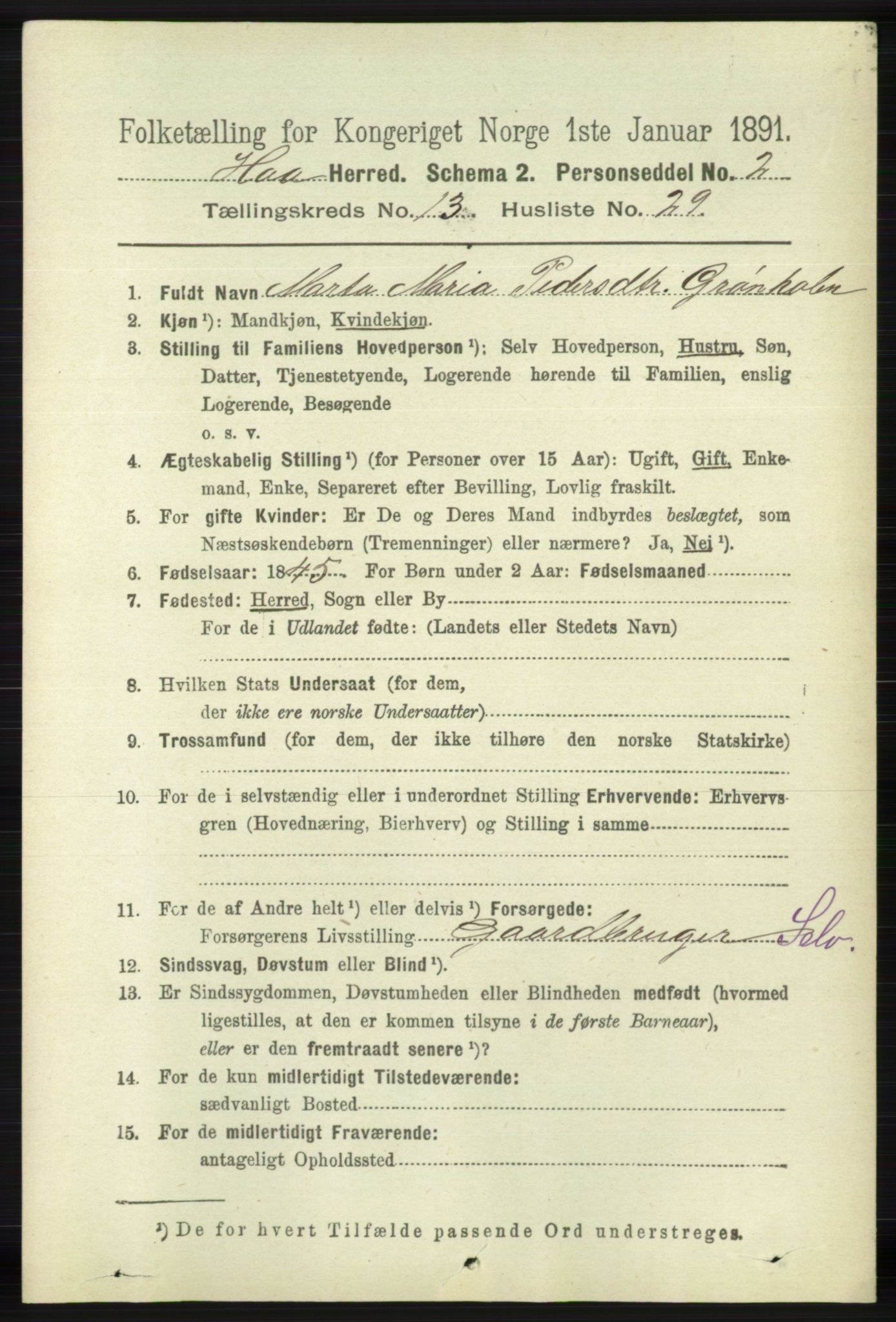 RA, 1891 census for 1119 Hå, 1891, p. 3317