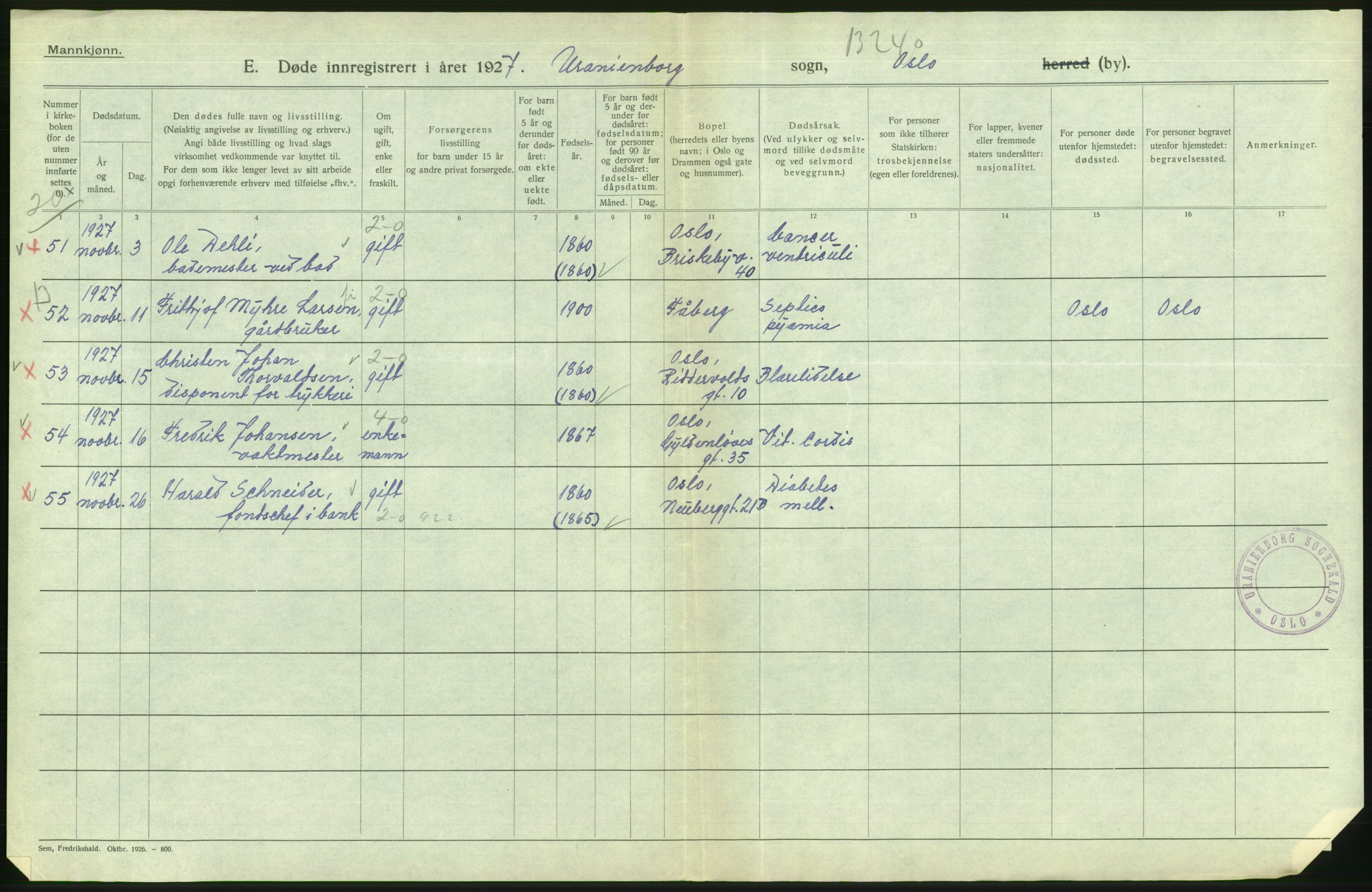 Statistisk sentralbyrå, Sosiodemografiske emner, Befolkning, RA/S-2228/D/Df/Dfc/Dfcg/L0009: Oslo: Døde menn, 1927, p. 162