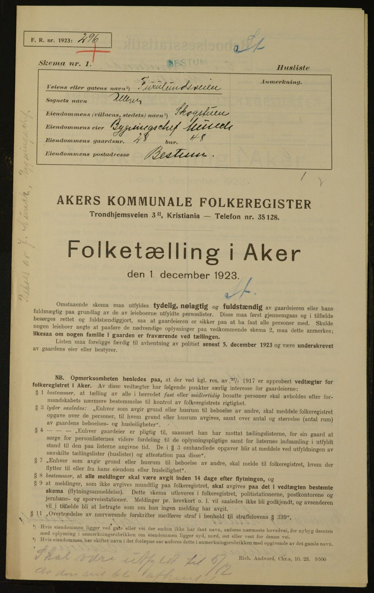 , Municipal Census 1923 for Aker, 1923, p. 1908