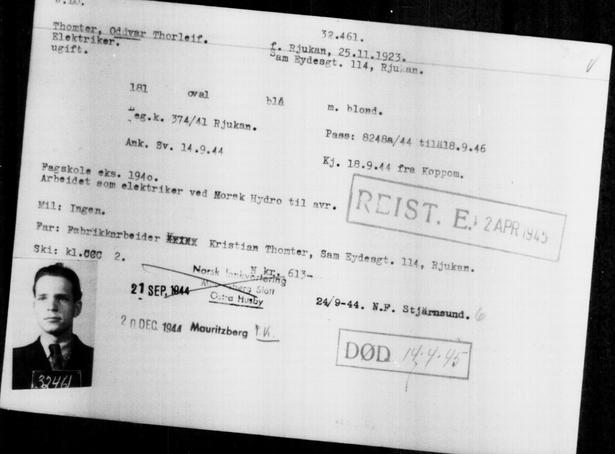 Utenriksstasjonene, Legasjonen i Stockholm, Flyktningkontoret, AV/RA-S-6753/V/Va/L0013: Kjesäterkartoteket, flyktninger med registreringsnr. 31500-34731, 1940-1945, p. 1015