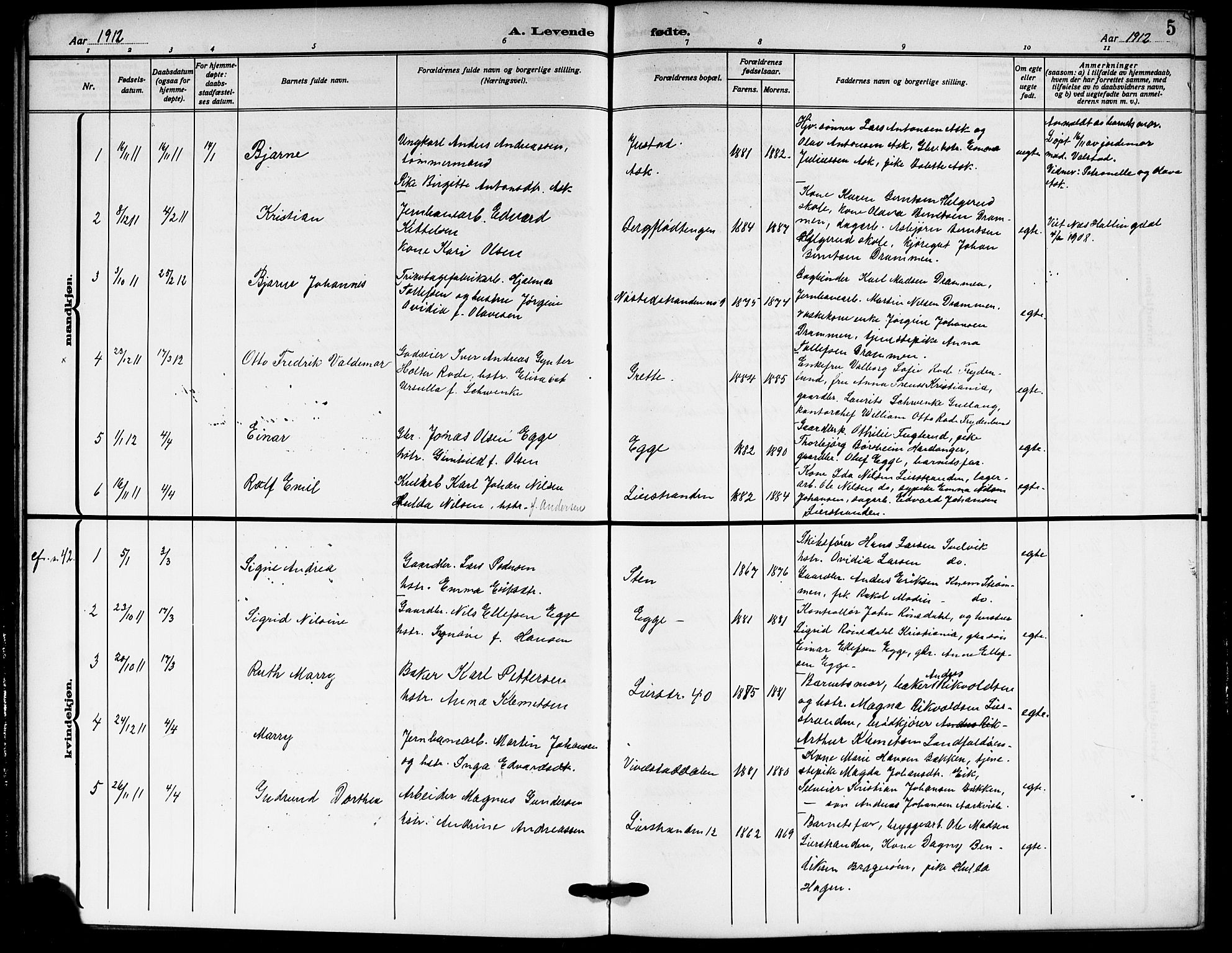 Lier kirkebøker, AV/SAKO-A-230/G/Gb/L0003: Parish register (copy) no. II 3, 1911-1919, p. 5