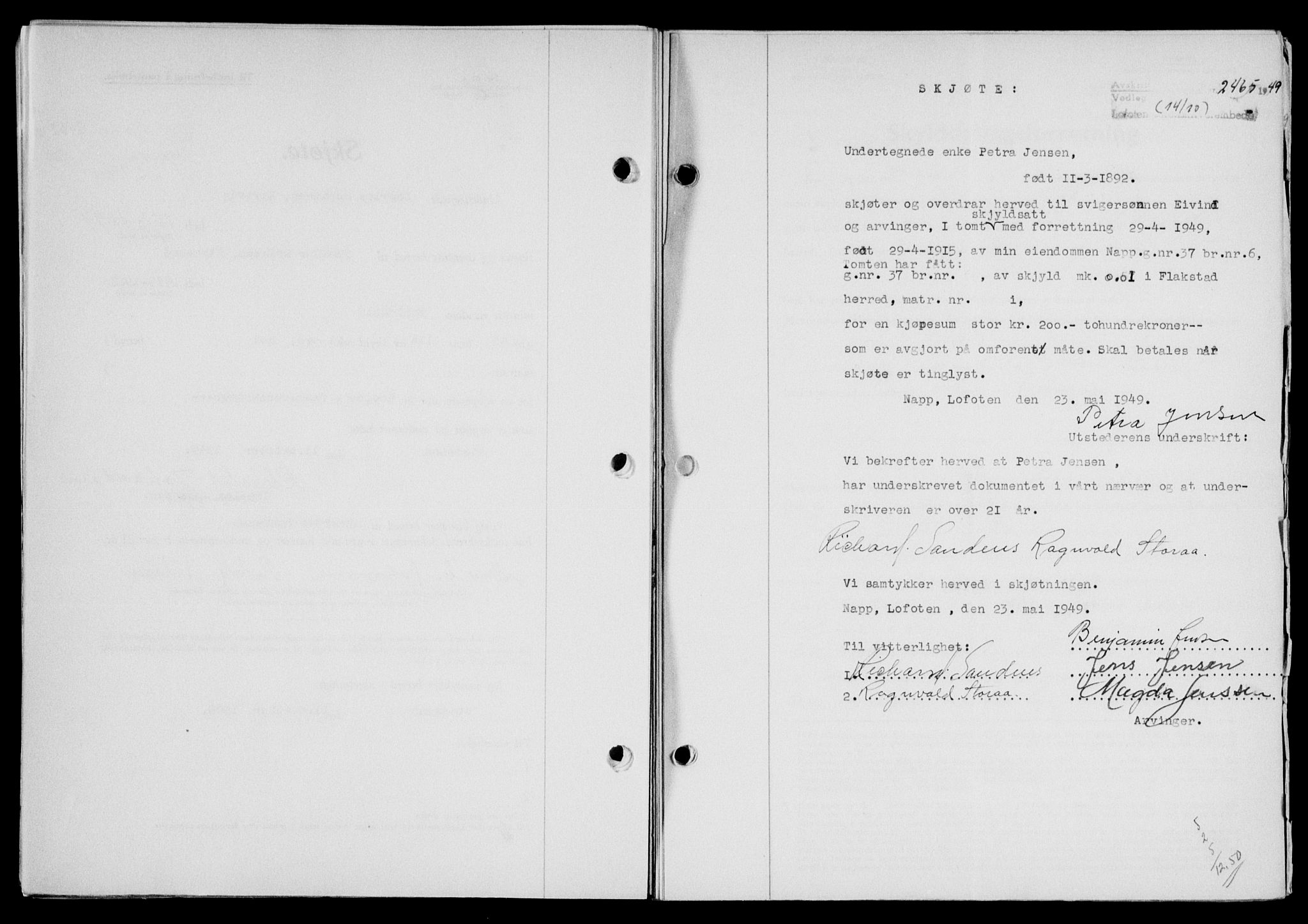 Lofoten sorenskriveri, SAT/A-0017/1/2/2C/L0022a: Mortgage book no. 22a, 1949-1950, Diary no: : 2465/1949