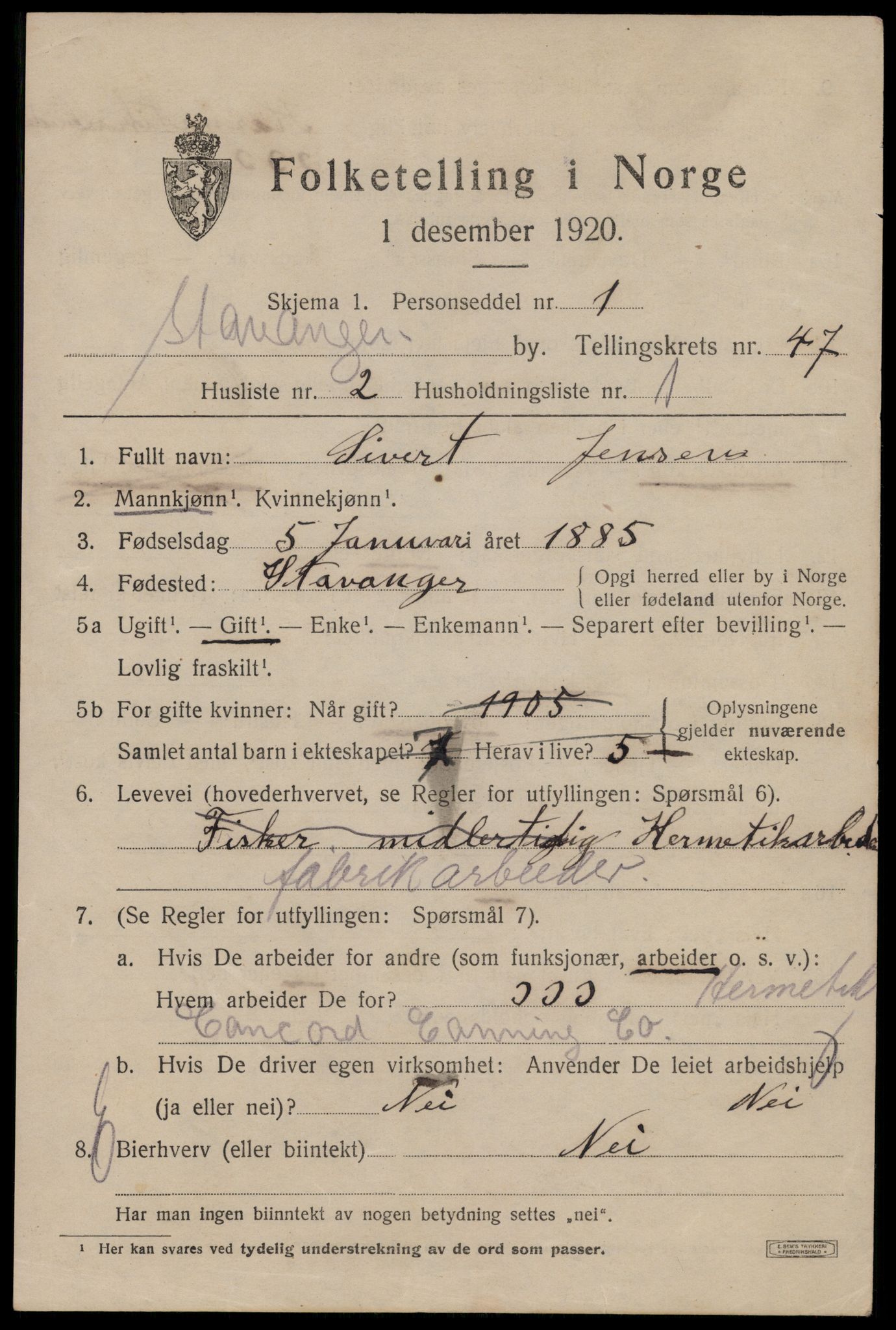 SAST, 1920 census for Stavanger, 1920, p. 113978