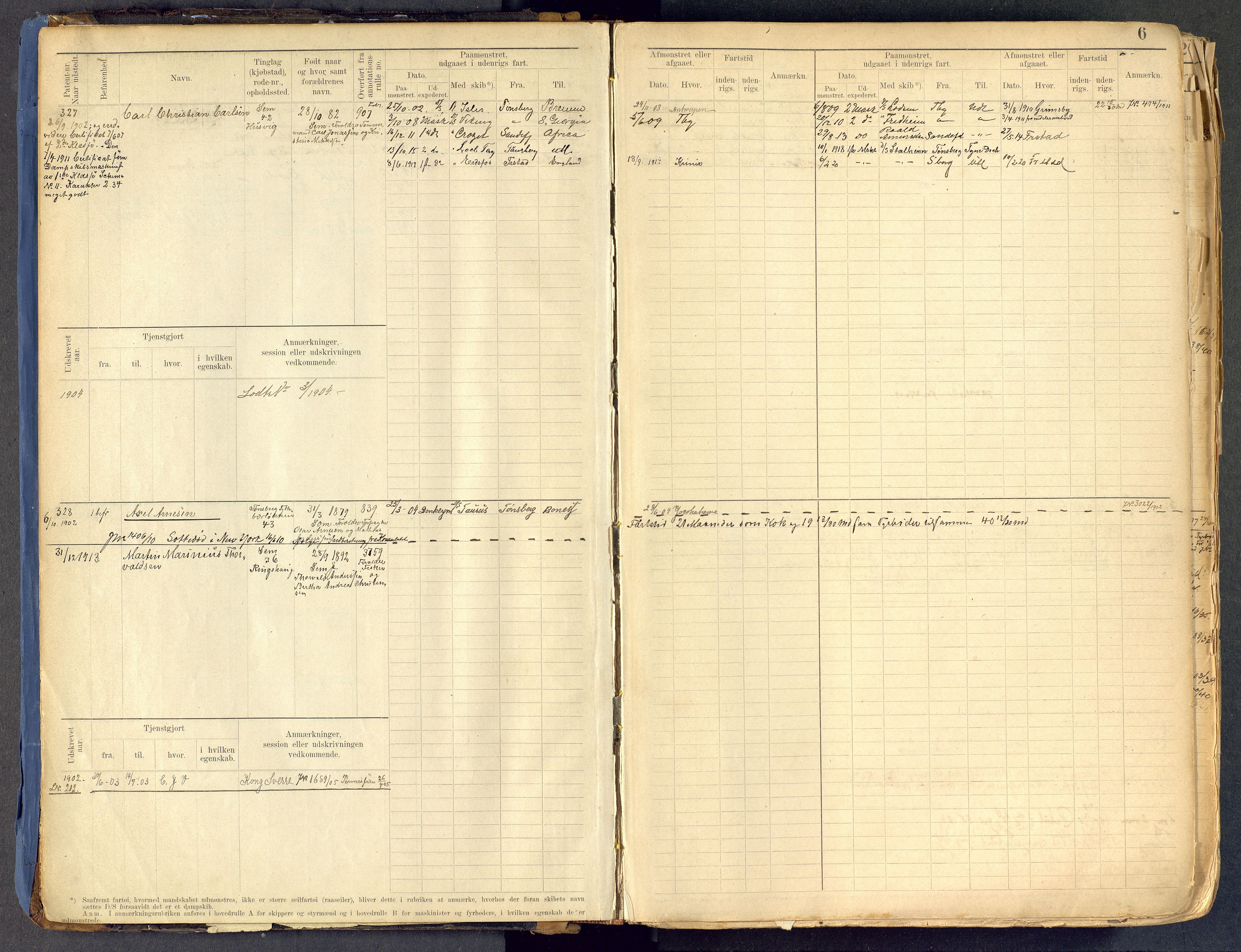 Tønsberg innrulleringskontor, AV/SAKO-A-786/F/Fe/L0002: Maskinist- og fyrbøterrulle Patent nr. 315-1110, 1902-1924, p. 6