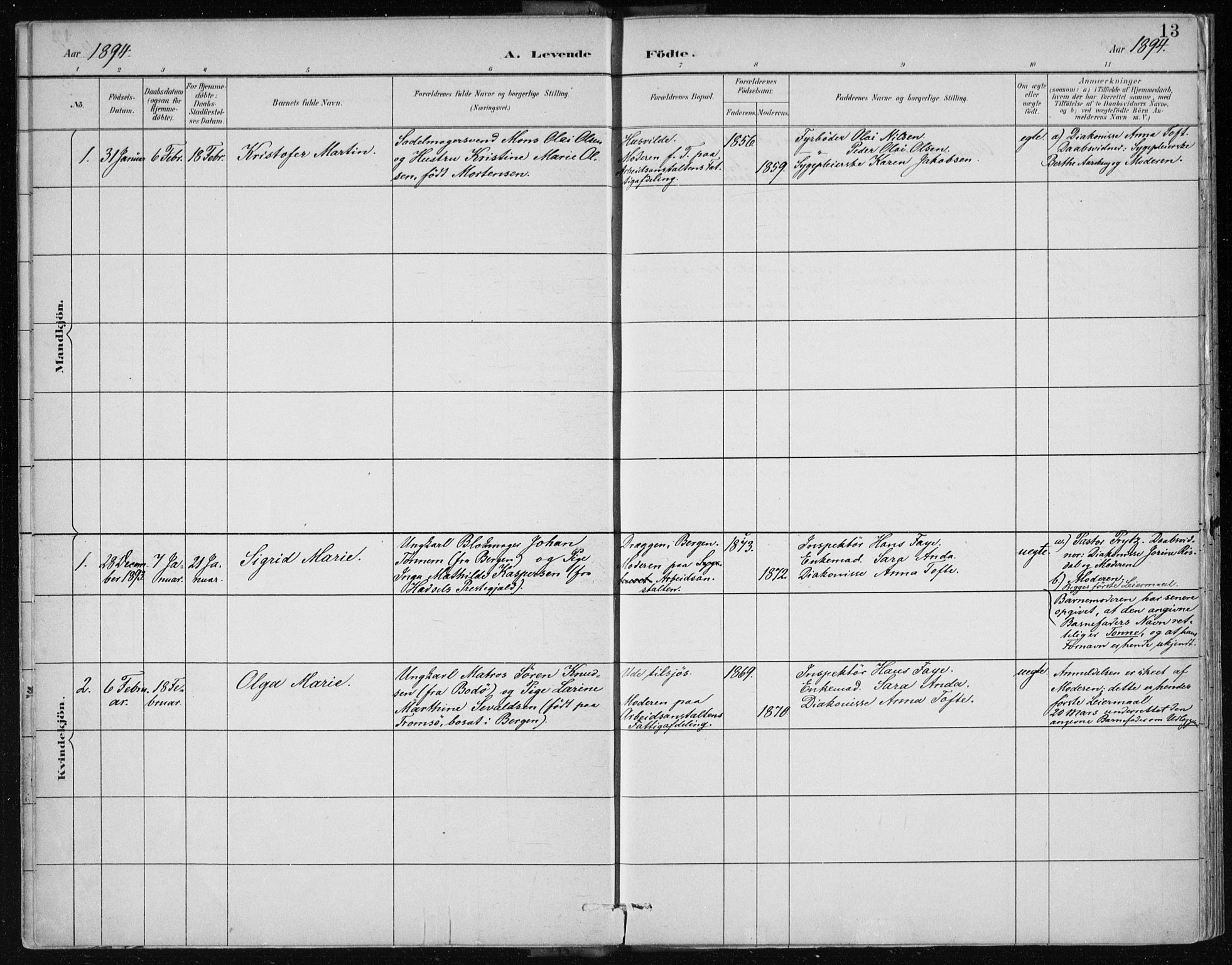 Bergen kommunale pleiehjem - stiftelsespresten, AV/SAB-A-100281: Parish register (official) no. A 2, 1887-1939, p. 13