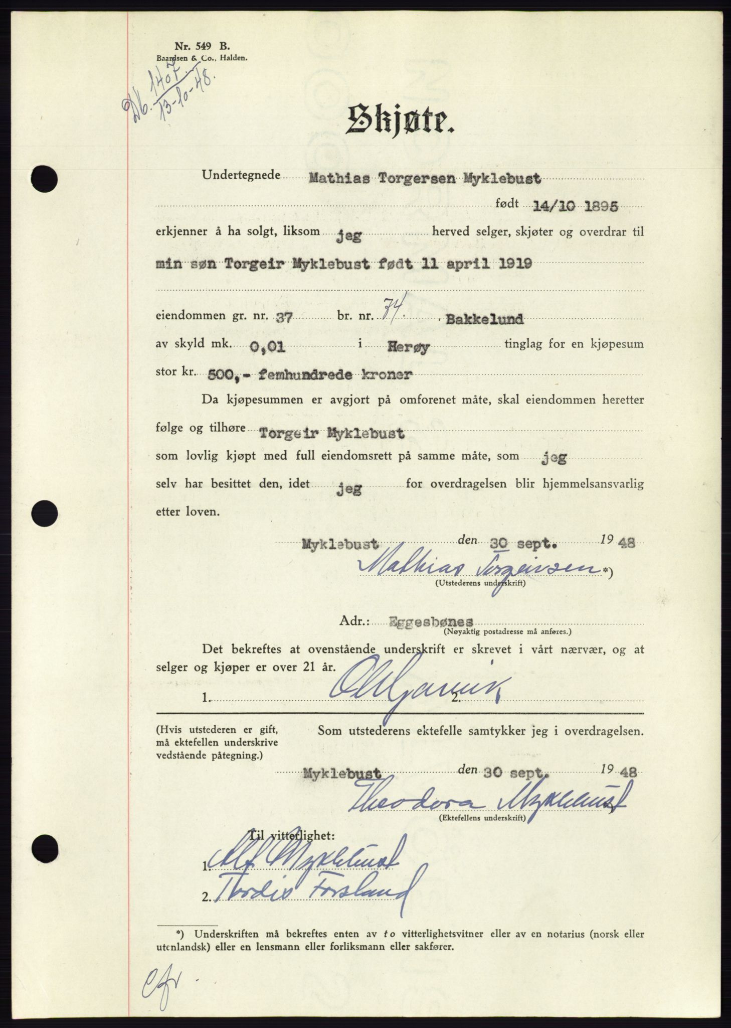 Søre Sunnmøre sorenskriveri, AV/SAT-A-4122/1/2/2C/L0083: Mortgage book no. 9A, 1948-1949, Diary no: : 1407/1948