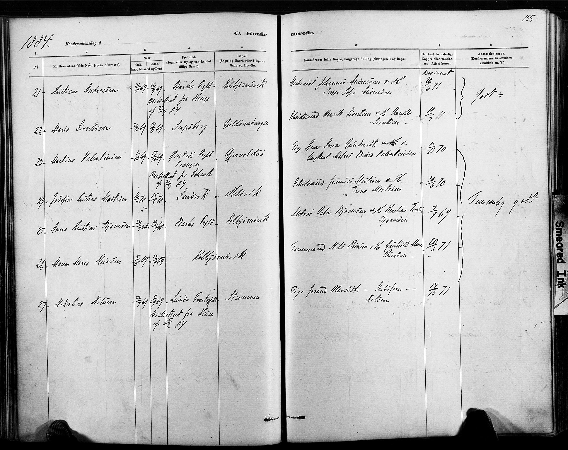 Hisøy sokneprestkontor, AV/SAK-1111-0020/F/Fa/L0003: Parish register (official) no. A 3, 1881-1894, p. 155