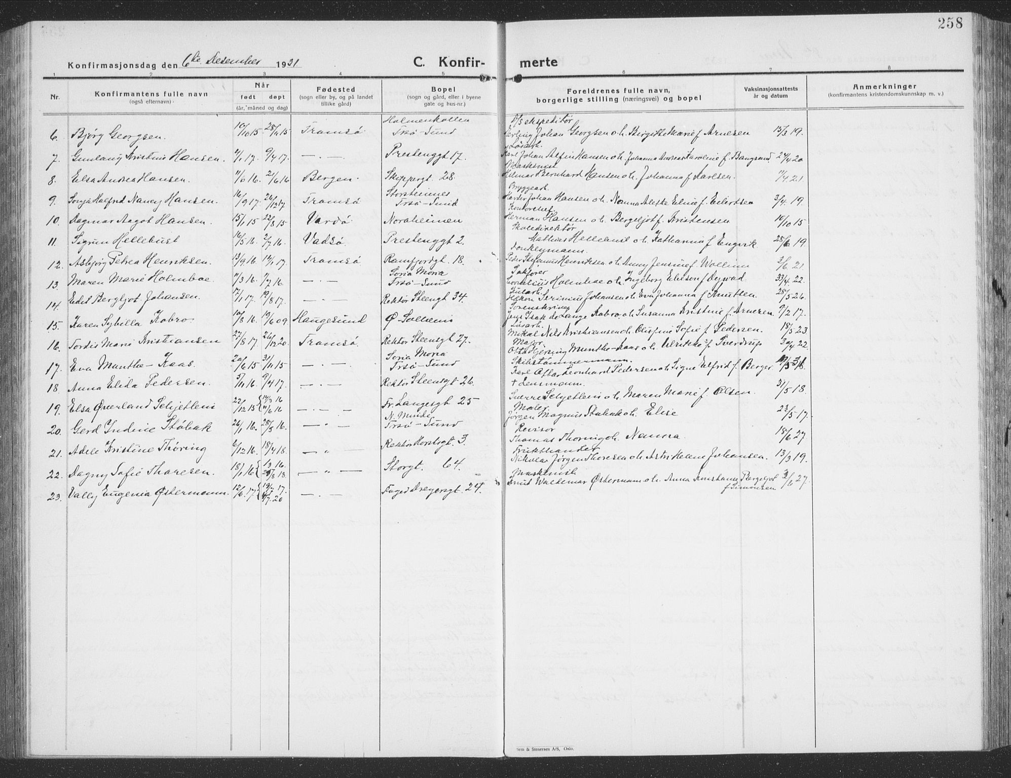 Tromsø sokneprestkontor/stiftsprosti/domprosti, AV/SATØ-S-1343/G/Gb/L0010klokker: Parish register (copy) no. 10, 1925-1937, p. 258