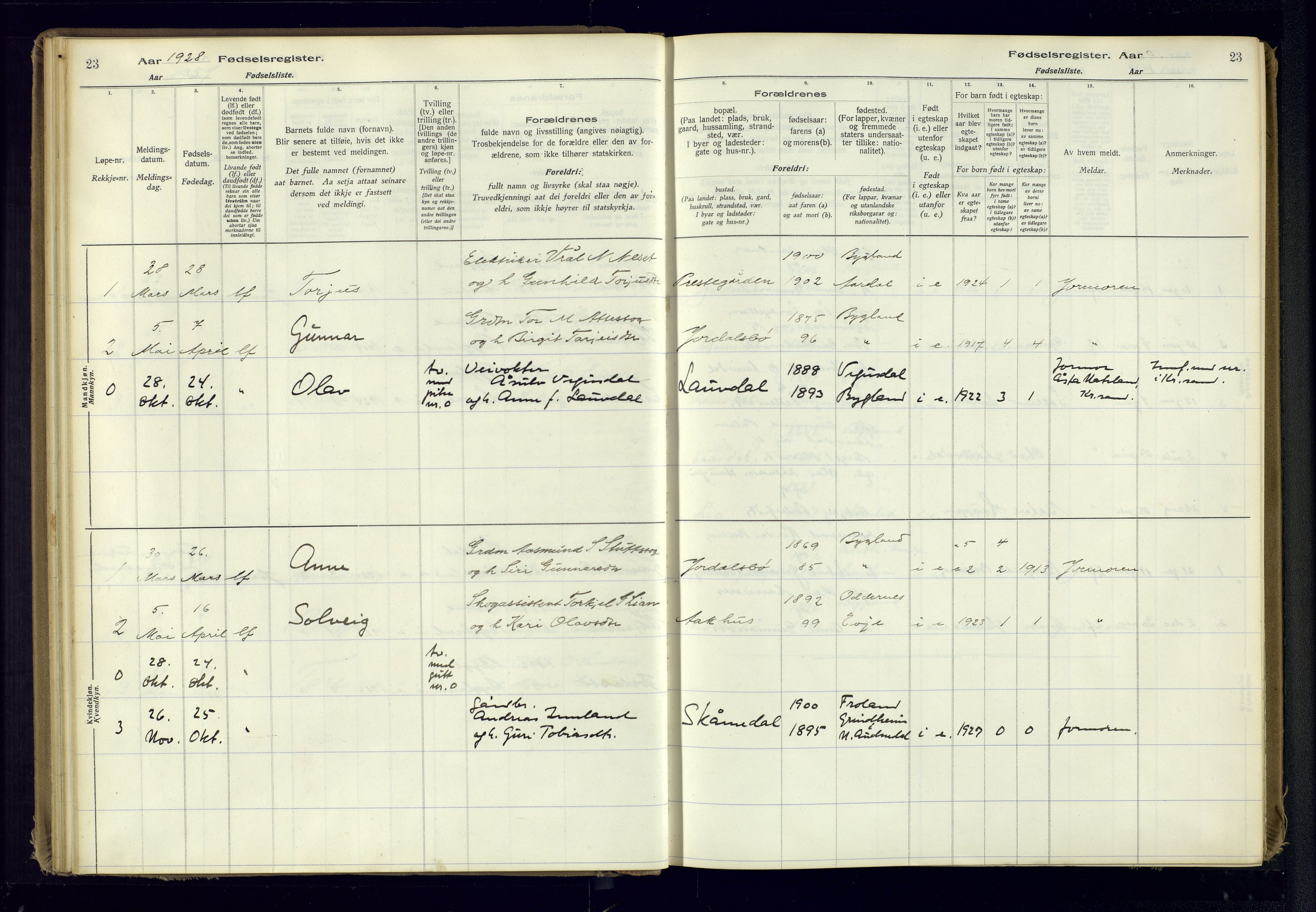 Bygland sokneprestkontor, AV/SAK-1111-0006/J/Ja/L0001: Birth register no. II.4.2, 1916-1982, p. 23