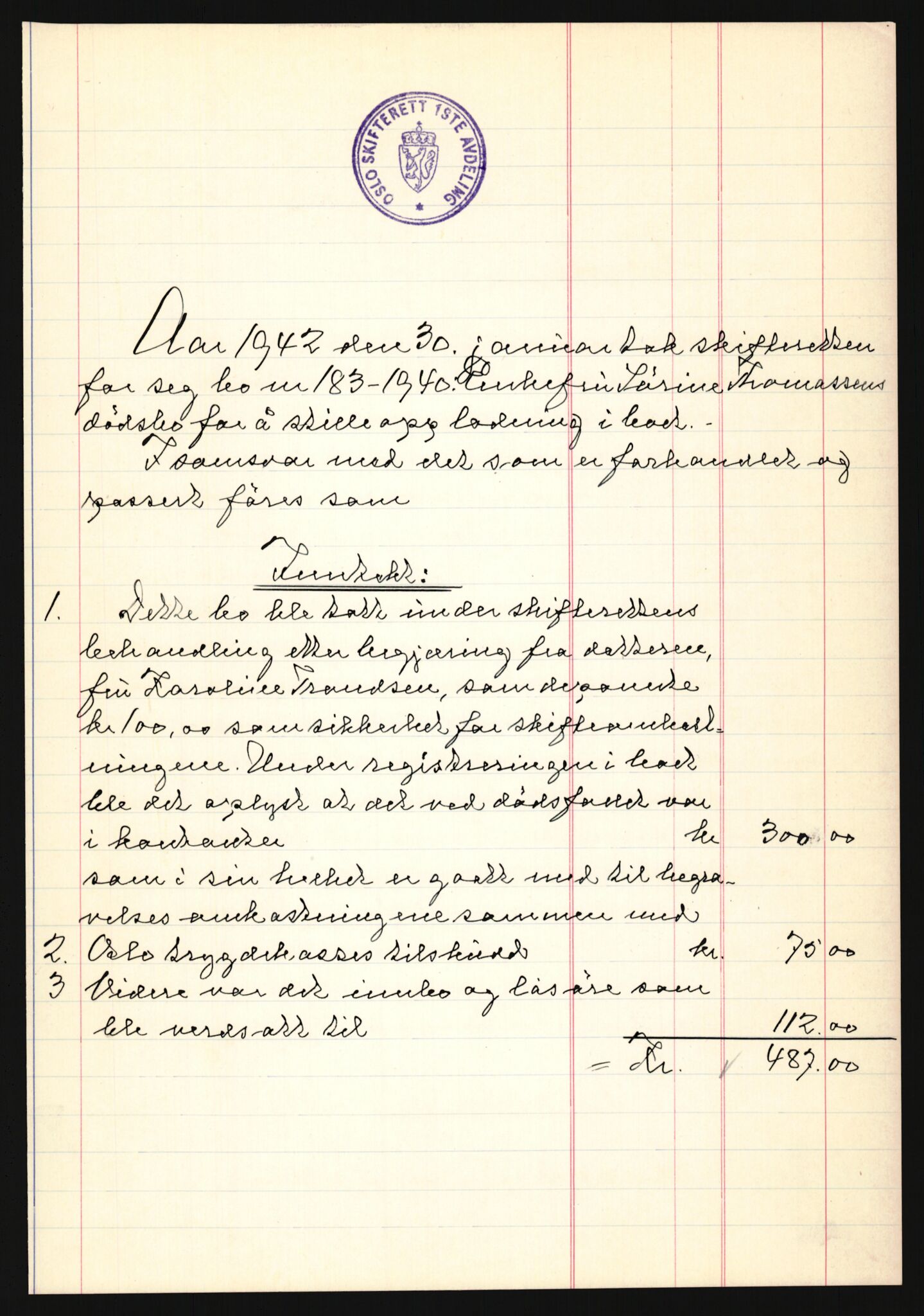 Oslo skifterett, AV/SAO-A-10383/H/Hd/Hdb/L0049: Skifteutlodningsprotokoll - avd. I, 1942