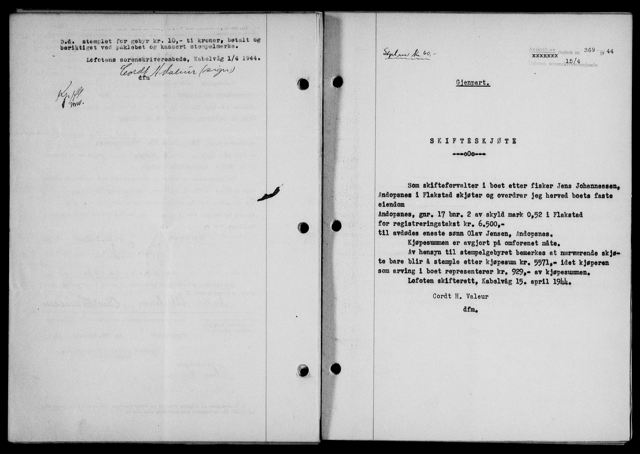 Lofoten sorenskriveri, SAT/A-0017/1/2/2C/L0012a: Mortgage book no. 12a, 1943-1944, Diary no: : 369/1944