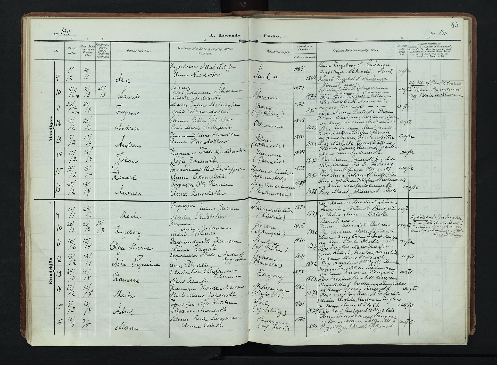 Søndre Land prestekontor, AV/SAH-PREST-122/K/L0007: Parish register (official) no. 7, 1905-1914, p. 45